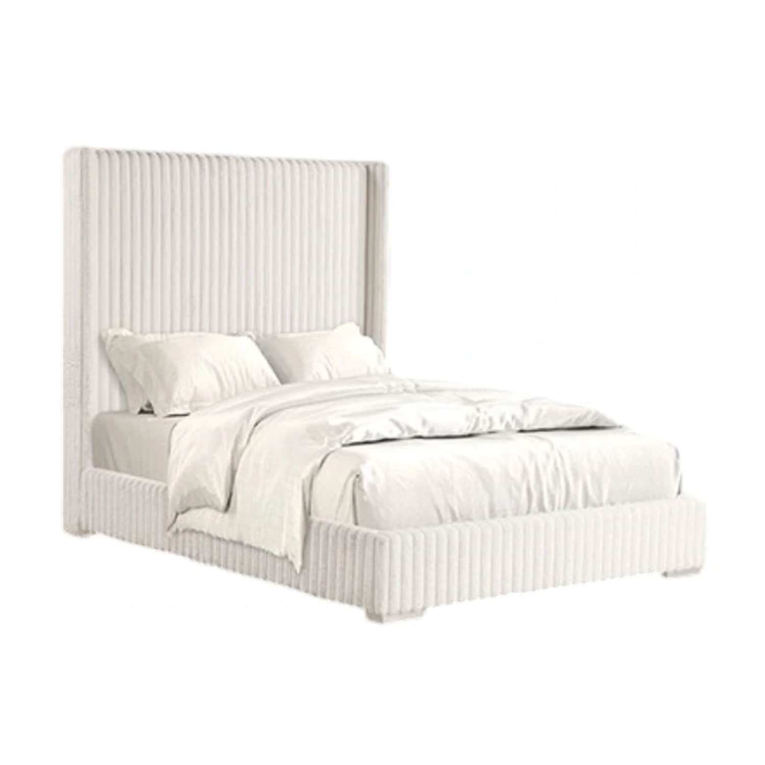 Wolo Twin Bed White Fur Chenille Ribbed Upholstery Wing Headboard