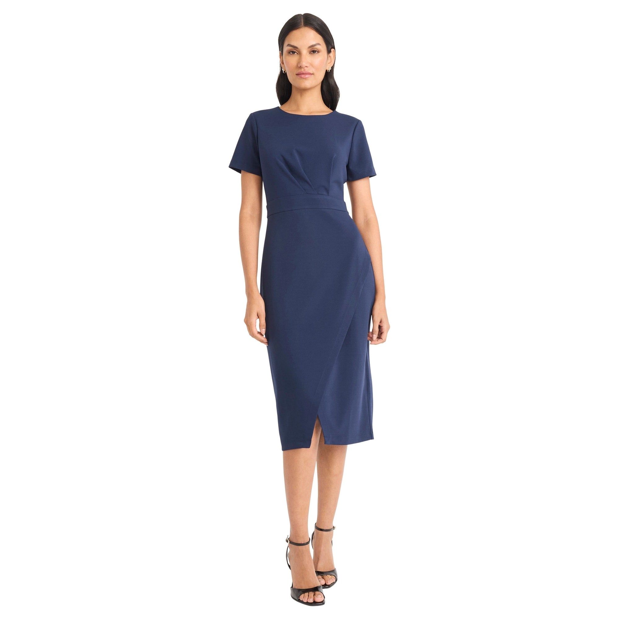 Womens Boatneck Short Sleeve Sheath Midi Dress With Wrap Hem And Back Zipper