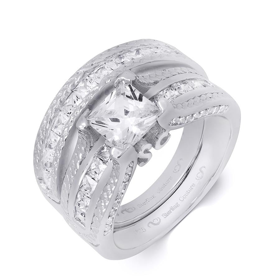 Womens 3.25 Ct Princess Cut Wedding Band Engagement Ring Set Silver