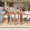 Wood 6 Piece Outdoor Bar Set Bar Height Table 4 Stools With Cushions For Backyard Poolside Balcony
