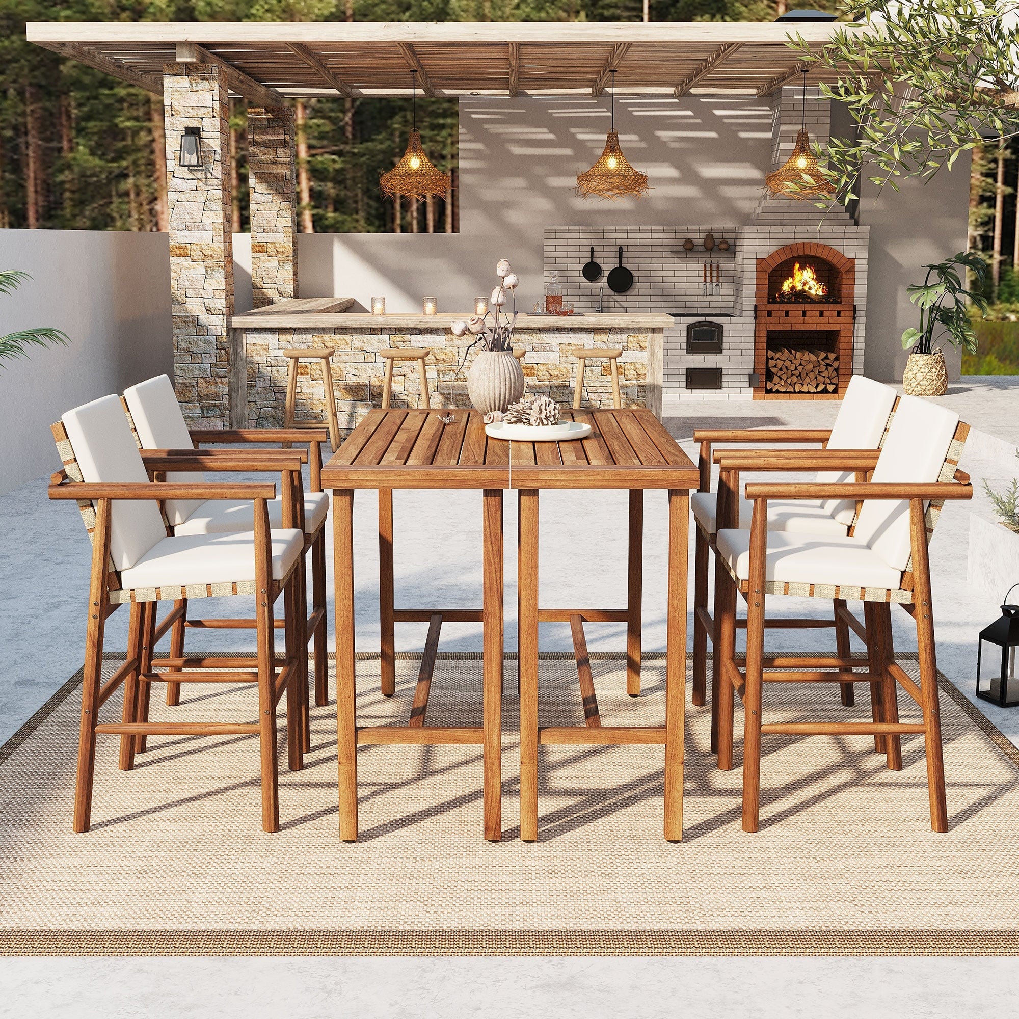 Wood 6 Piece Outdoor Bar Set Bar Height Table 4 Stools With Cushions For Backyard Poolside Balcony