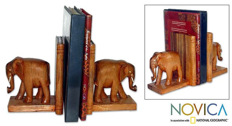 Handmade Wood African Elephants Bookends Ghana N A
