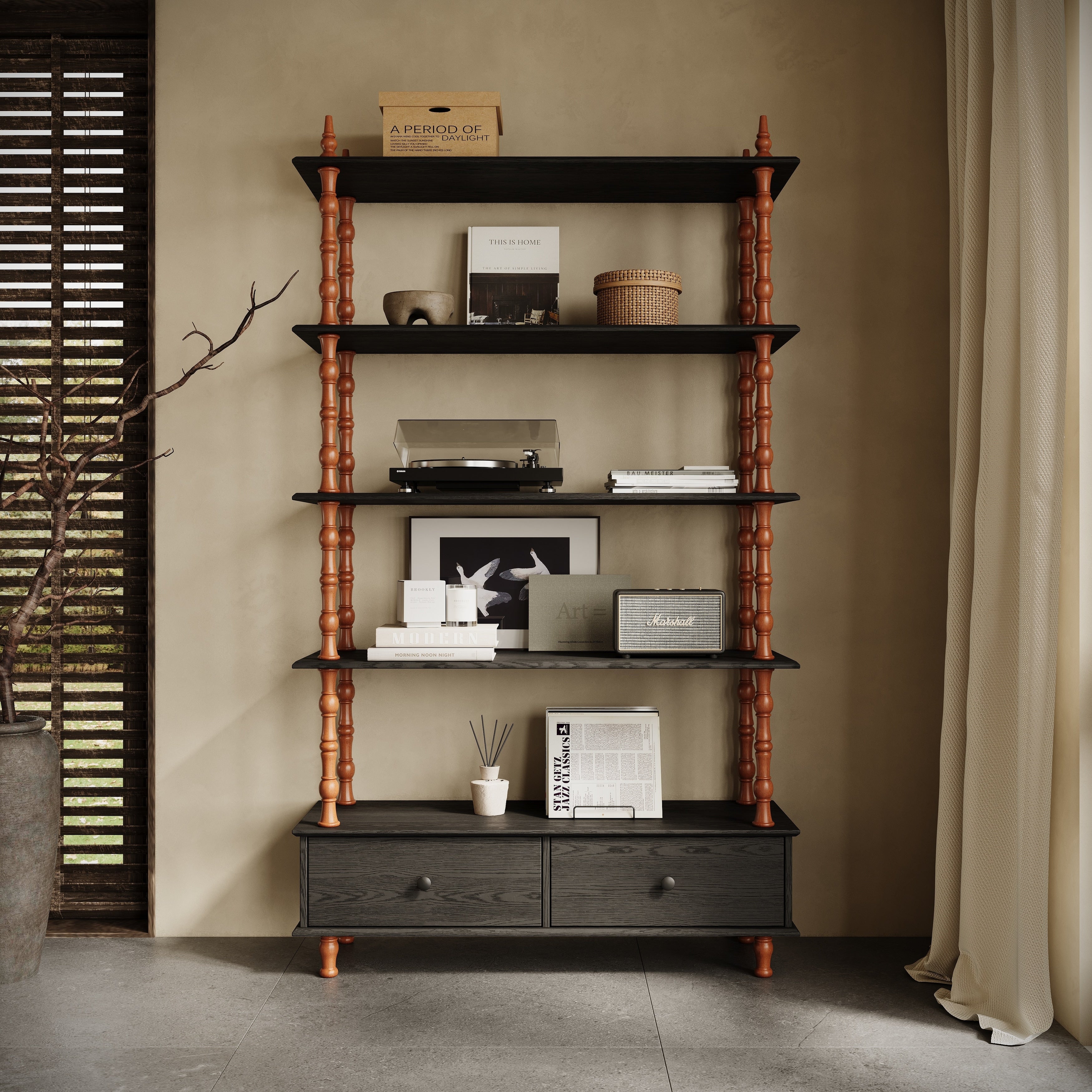 Wood Bookcase Shelf 74.4 5 Tier Shelving Units And Storage Drawers Modern Solid Wood Veneered Free Standing Shelves