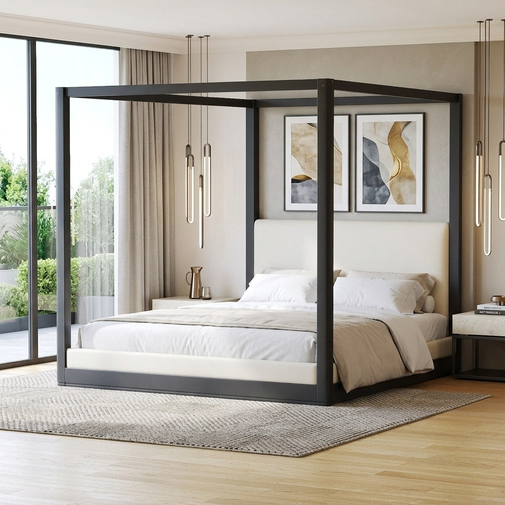 Wood Canopy Platform Bed With White Upholstered Headboard By Harper Bright Designs