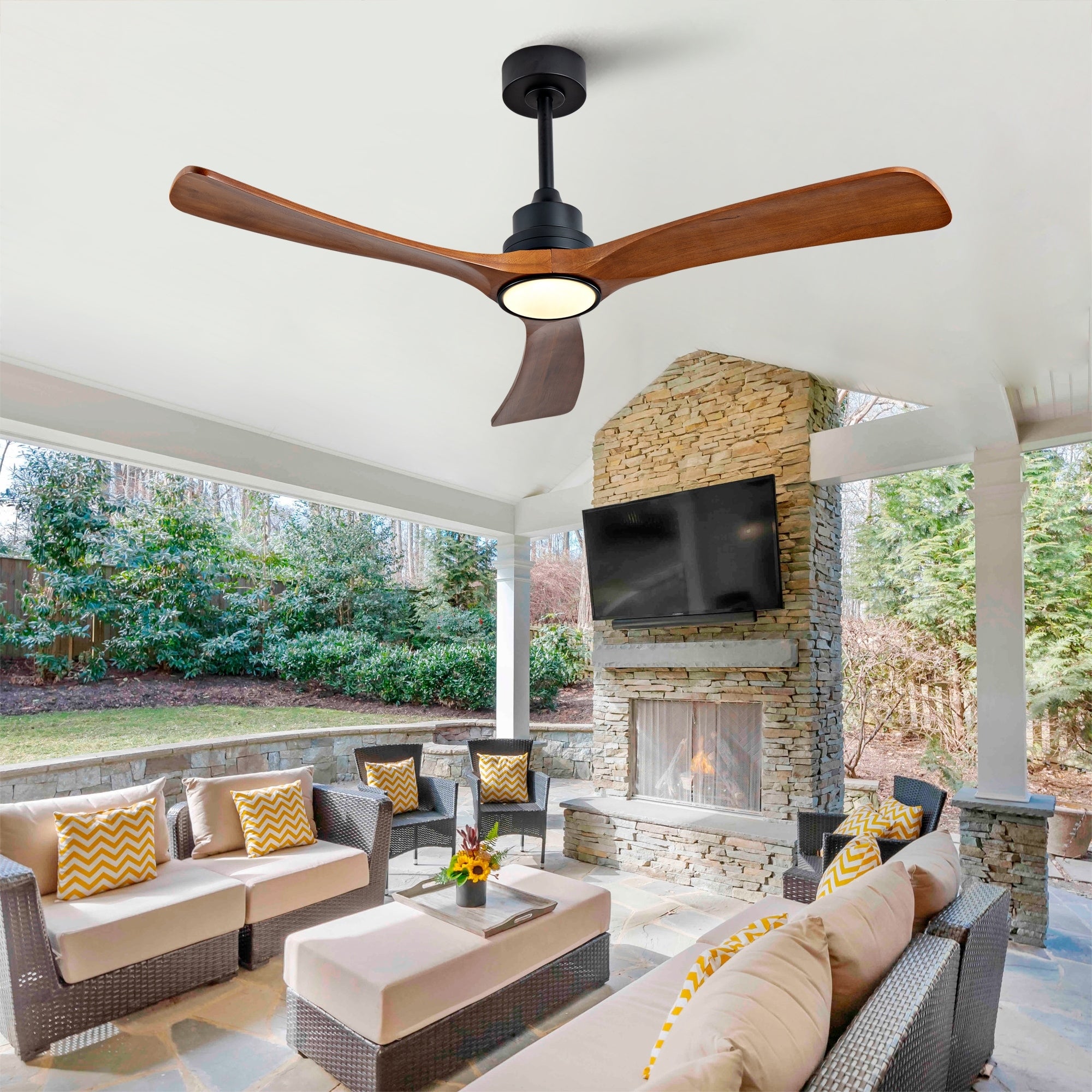 Wood Ceiling Fan With Remote Control And Reversible Motor