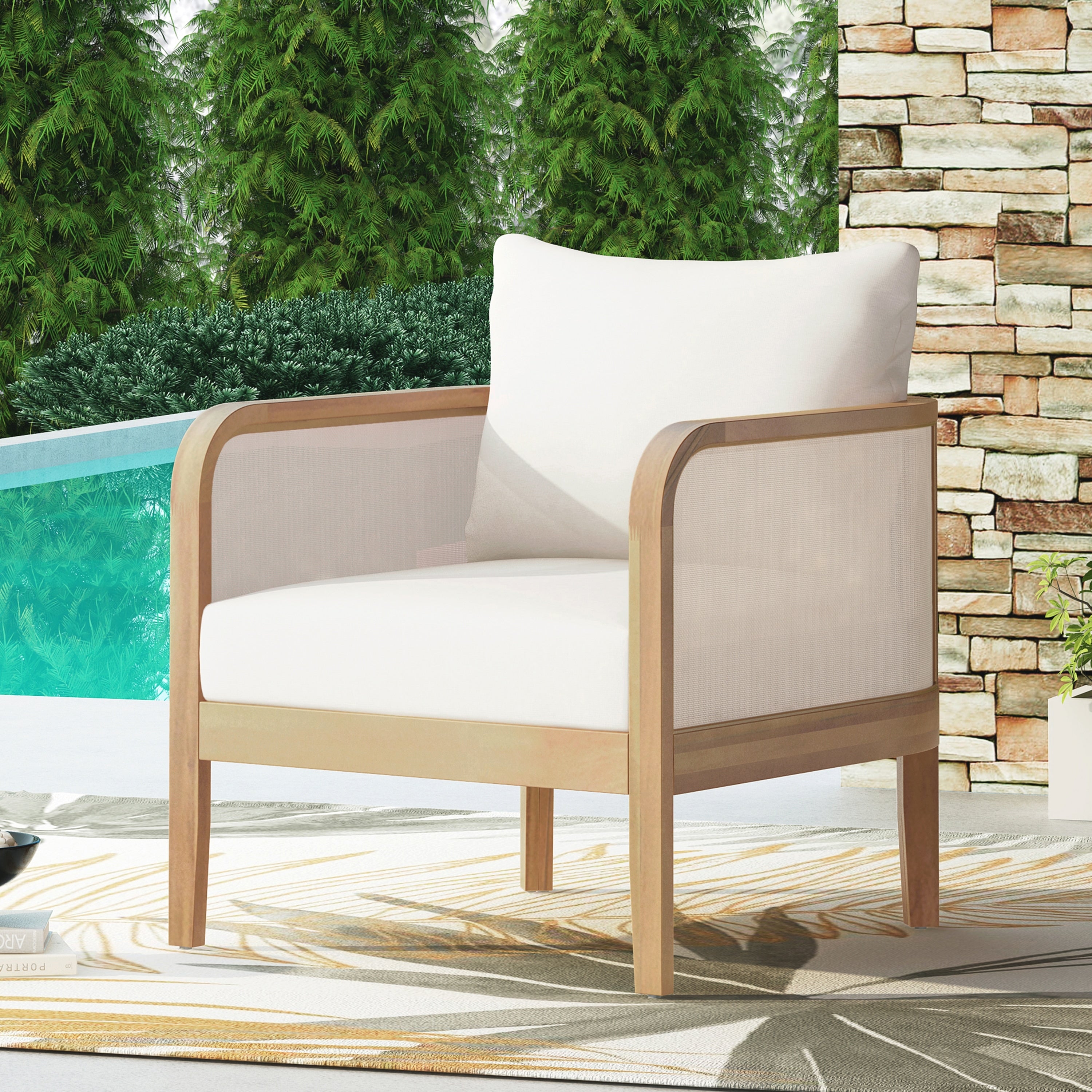 Wood Club Chair Outdoor Lounge Chair With Cushions Coffee Chair Leisure Chair Sofa Chair Padded Chair