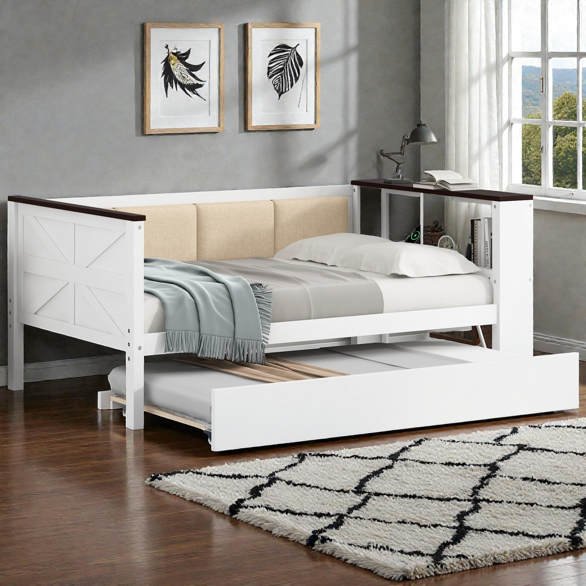 Wood Daybed With Storage Shelves Upholstered Backrest Usb Charging Station And Trundle