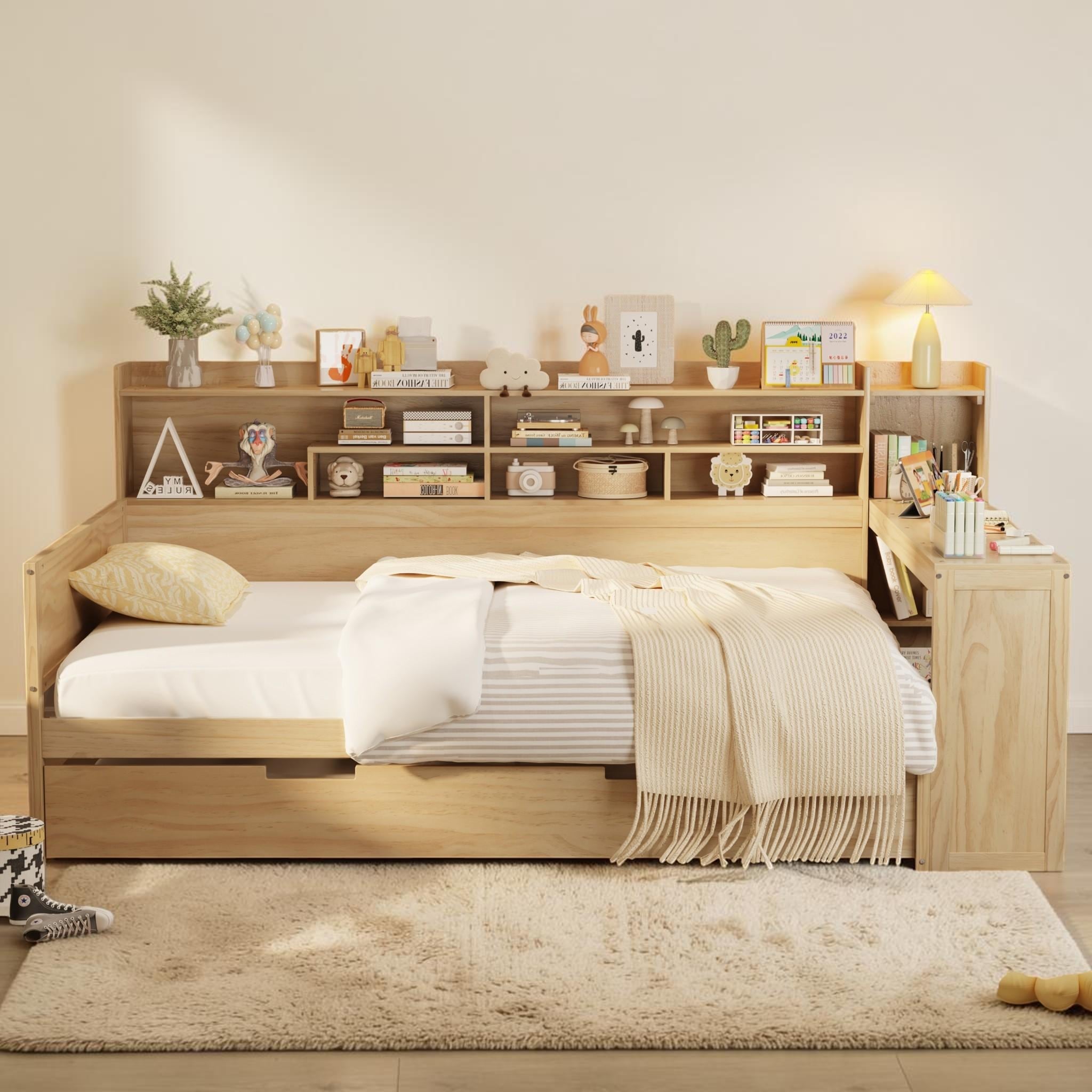 Wood Daybed With Trundle And Desk Storage Shelves Multifunctional Bed Frame For Kids Teens