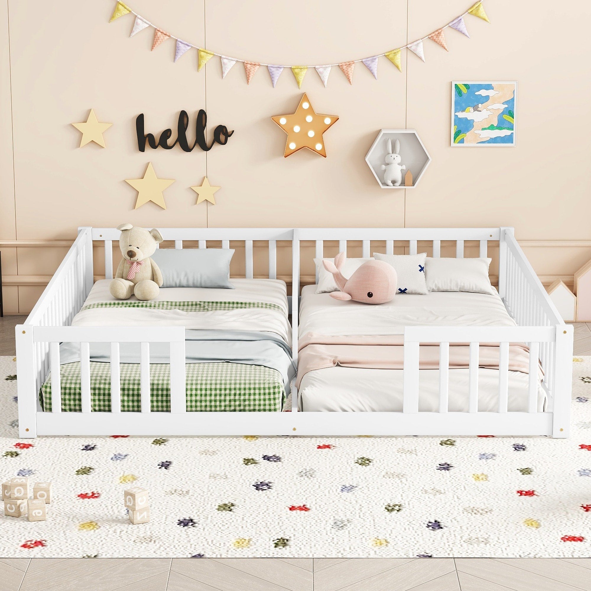 Wood Double Twin Floor Bed With Fence Guardrails Without Door