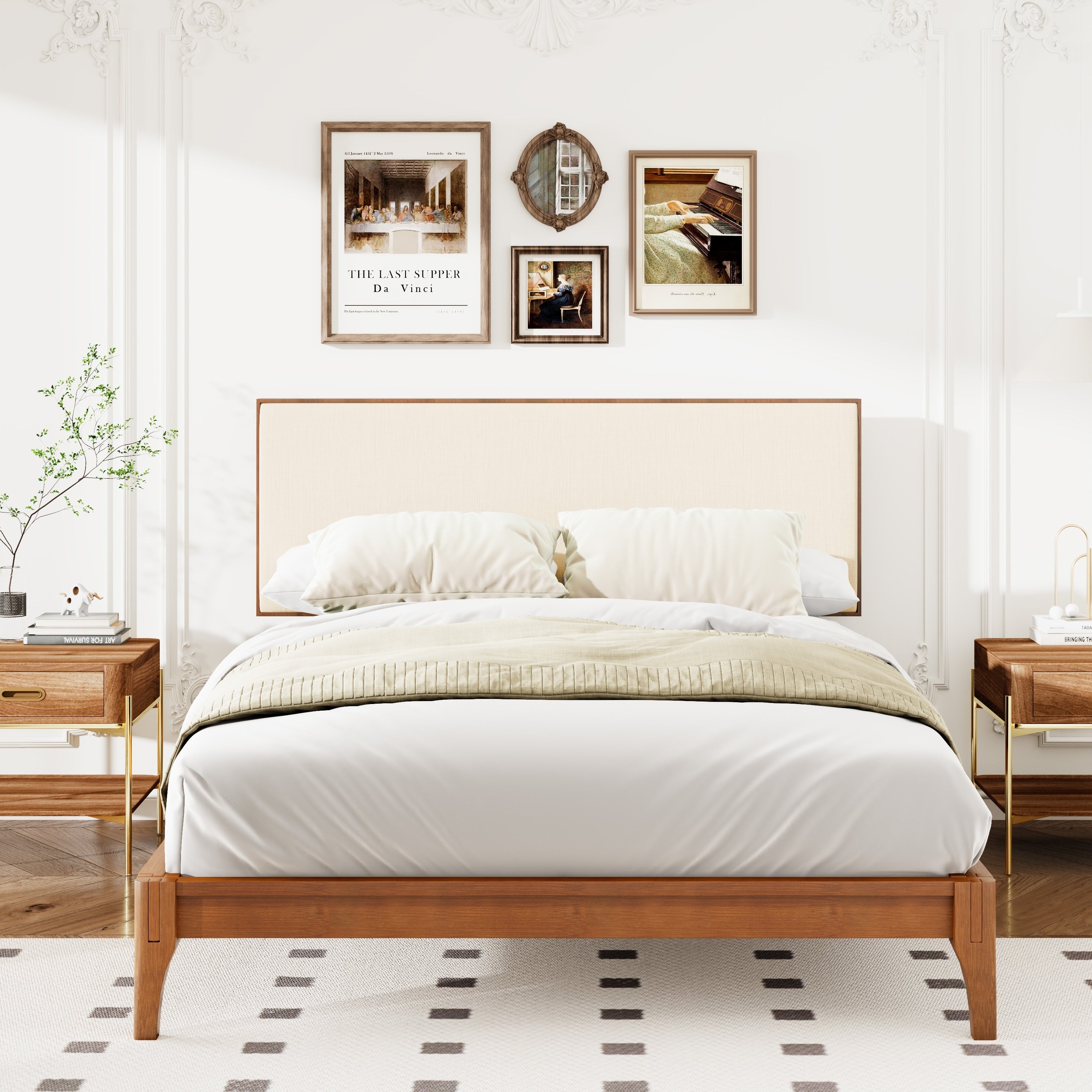 Wood Full Queen King Size Platform Bed With Bamboo Frame Upholstered Adjustable Headboard