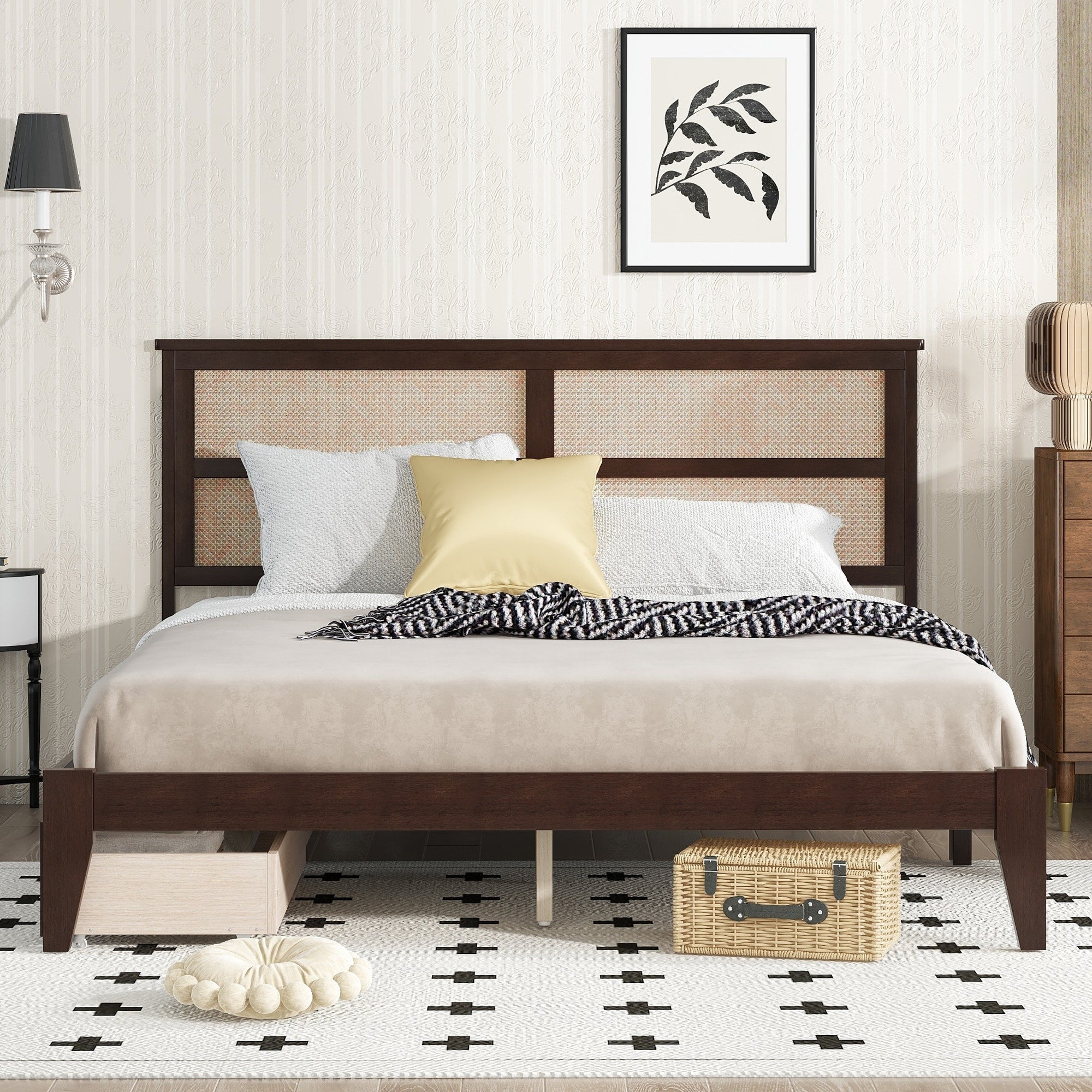 Wood Full Size Bed With Rattan Headboard Two Storage Drawers