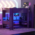 Wood Full Size Gaming Loft Bed With Desk Multi Storage Shelves Led And Charging Station