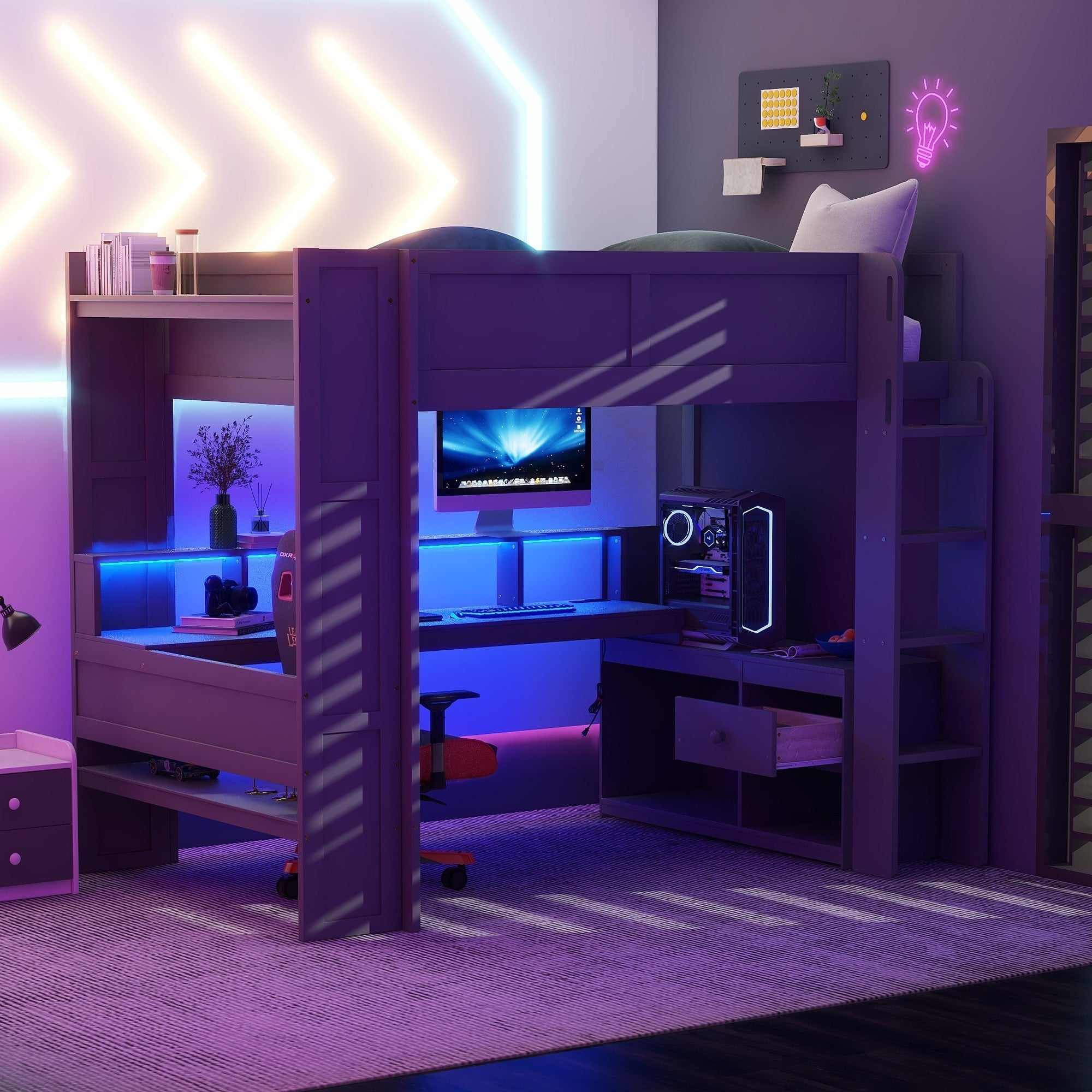 Wood Full Size Gaming Loft Bed With Desk Multi Storage Shelves Led And Charging Station