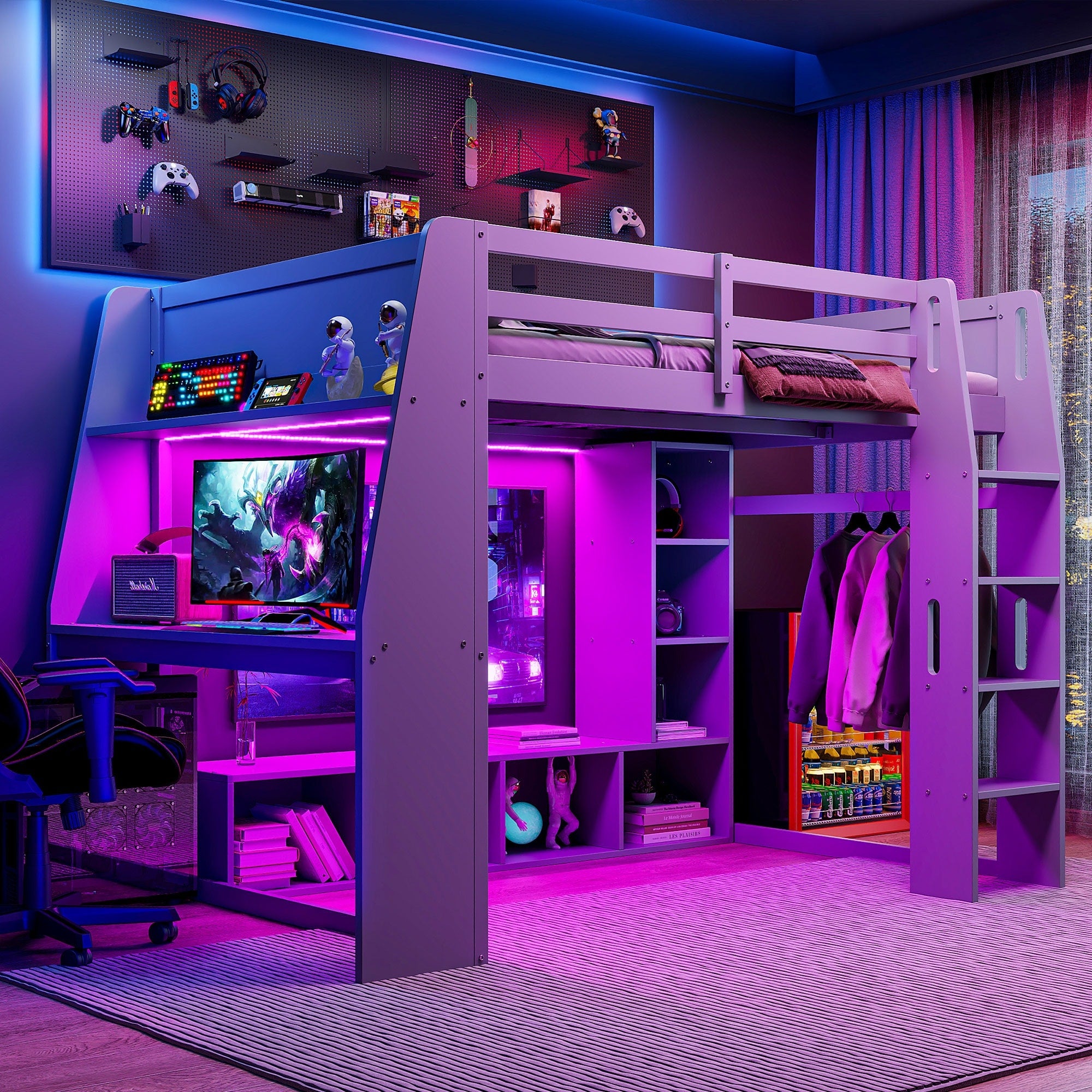 Wood Full Size Gaming Loft Bed With Desk Multi Storage Shelves Led And A Hanging Clothes Rack