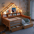 Wood Full Size House Platform Bed With Led Lights Storage Shelves And Drawers