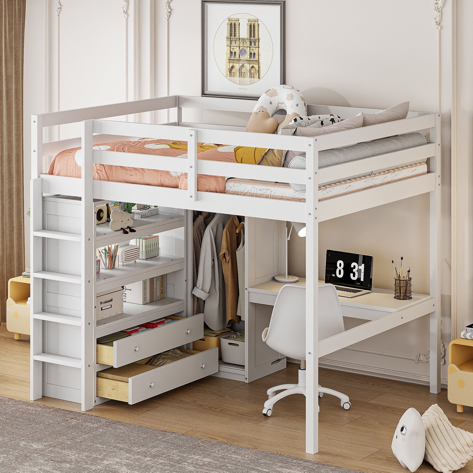 Wood Full Size Loft Bed With Built In Wardrobe Desk Storage Shelves And Drawers