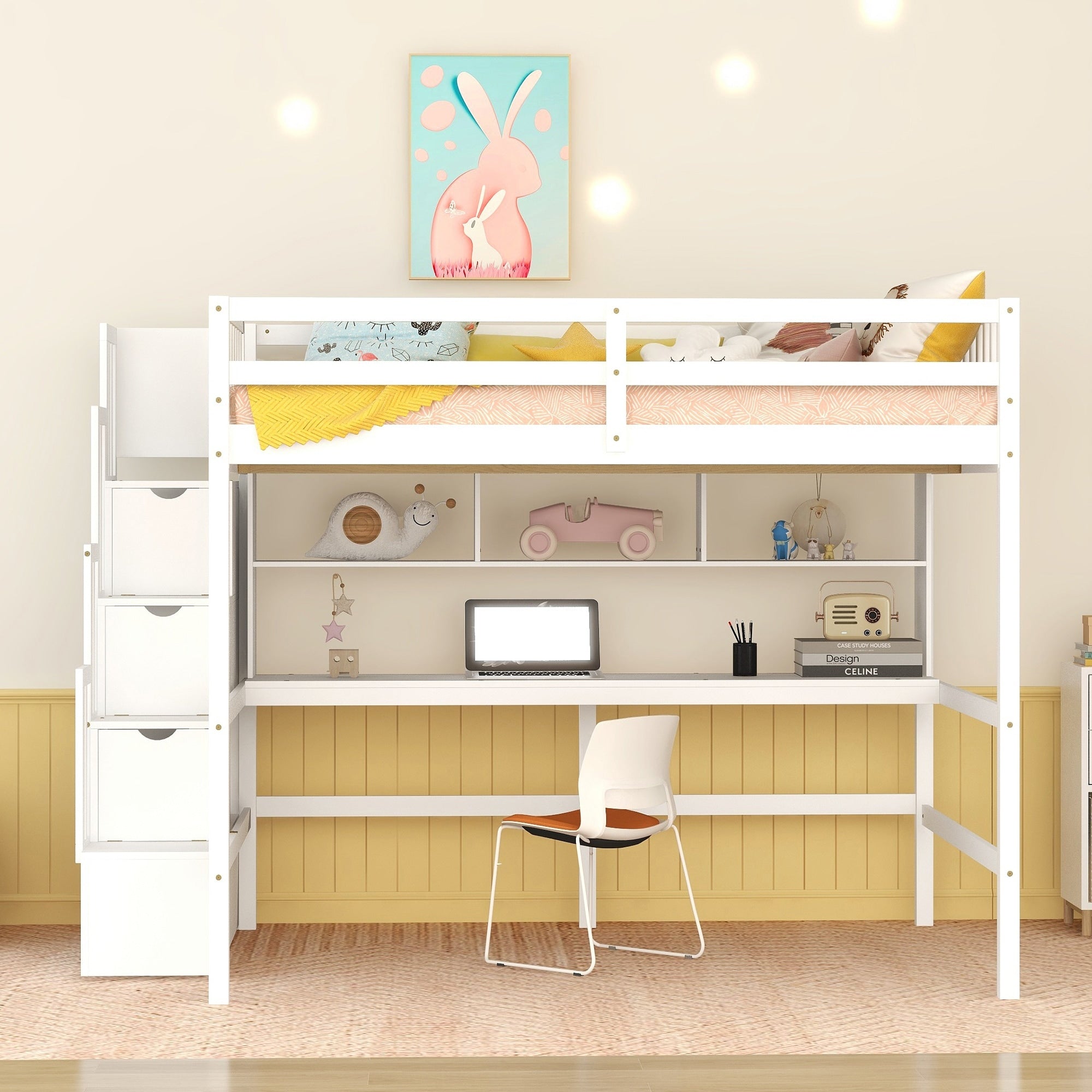 Wood Full Size Loft Bed With Desk Storage Shelves And Staircase