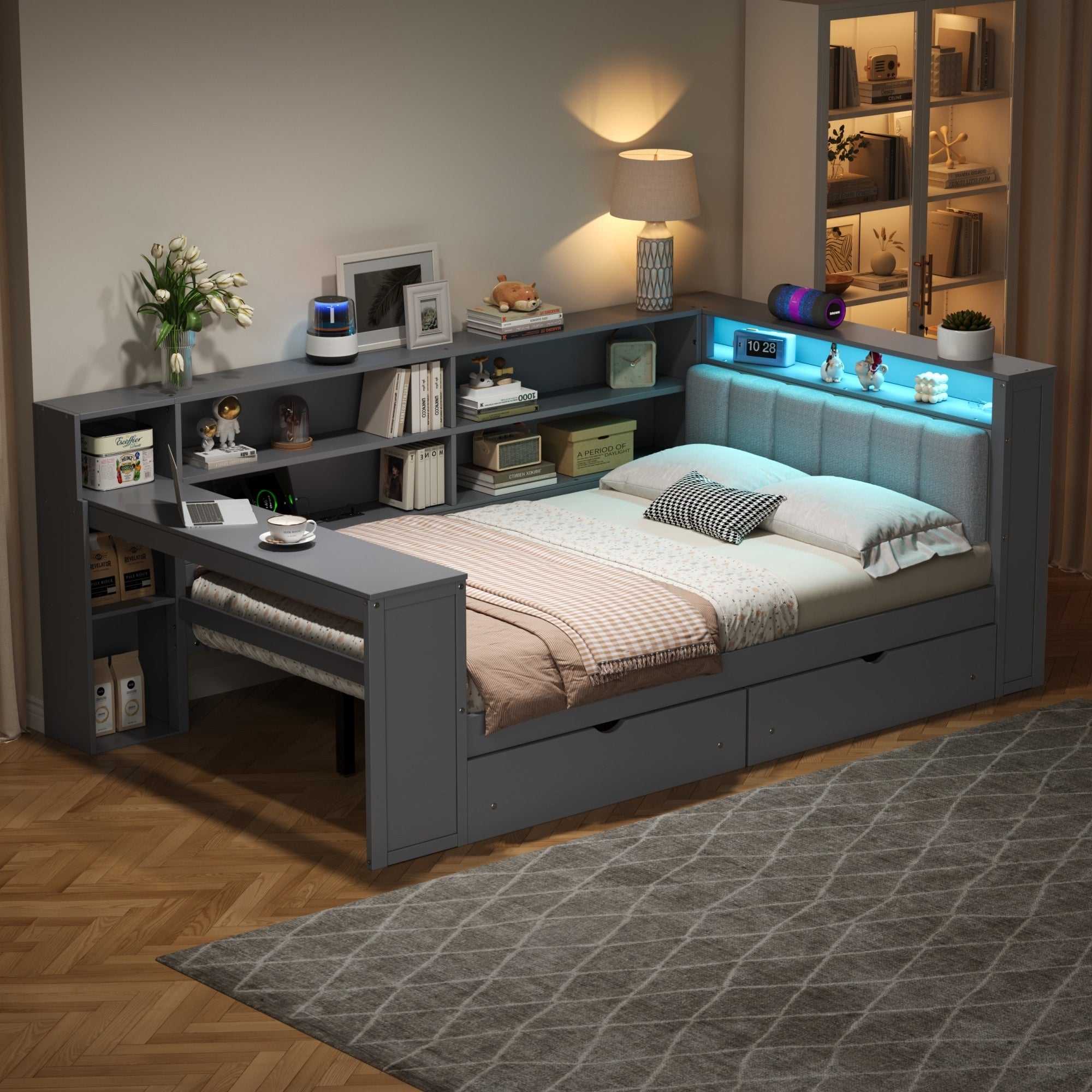 Wood Full Size Platform Bed With Storage Shelves Drawers Charging Station Led Desk And Upholstered Headboard