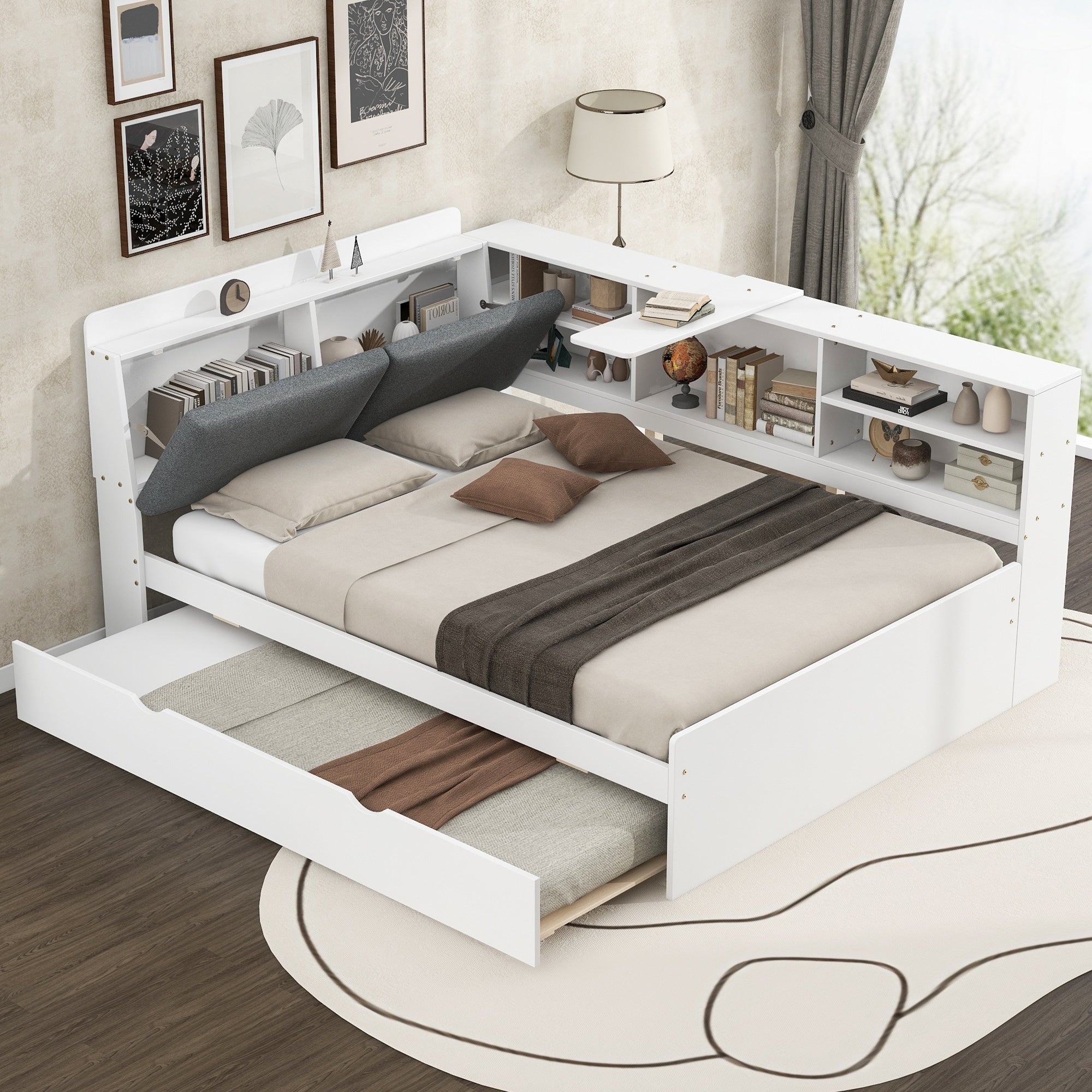 Wood Full Size Platform Bed With Trundle Storage Headboard And Shelves In Pine Wood