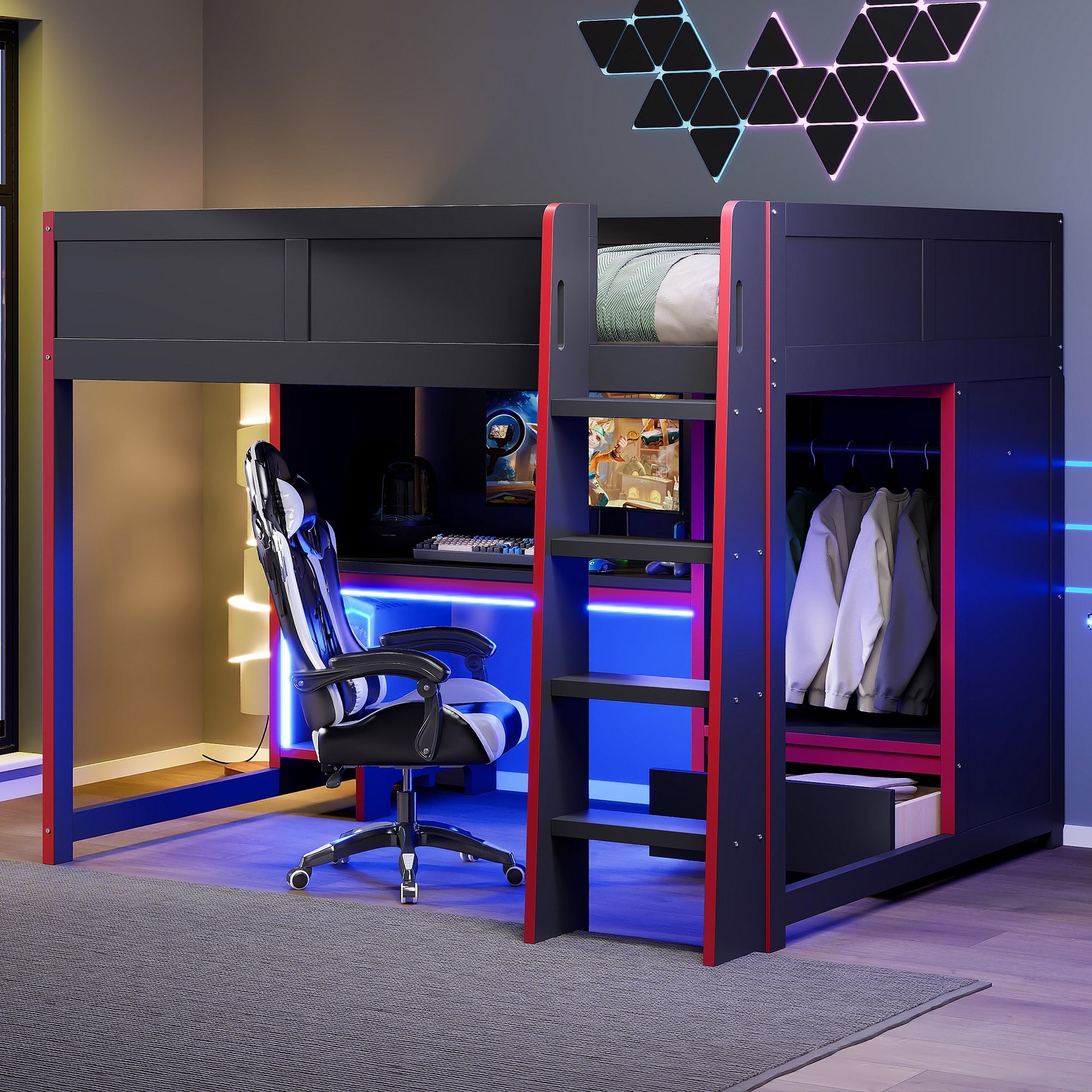 Wood Gaming Loft Bed With Desk Wardrobe Led Lights And Drawer
