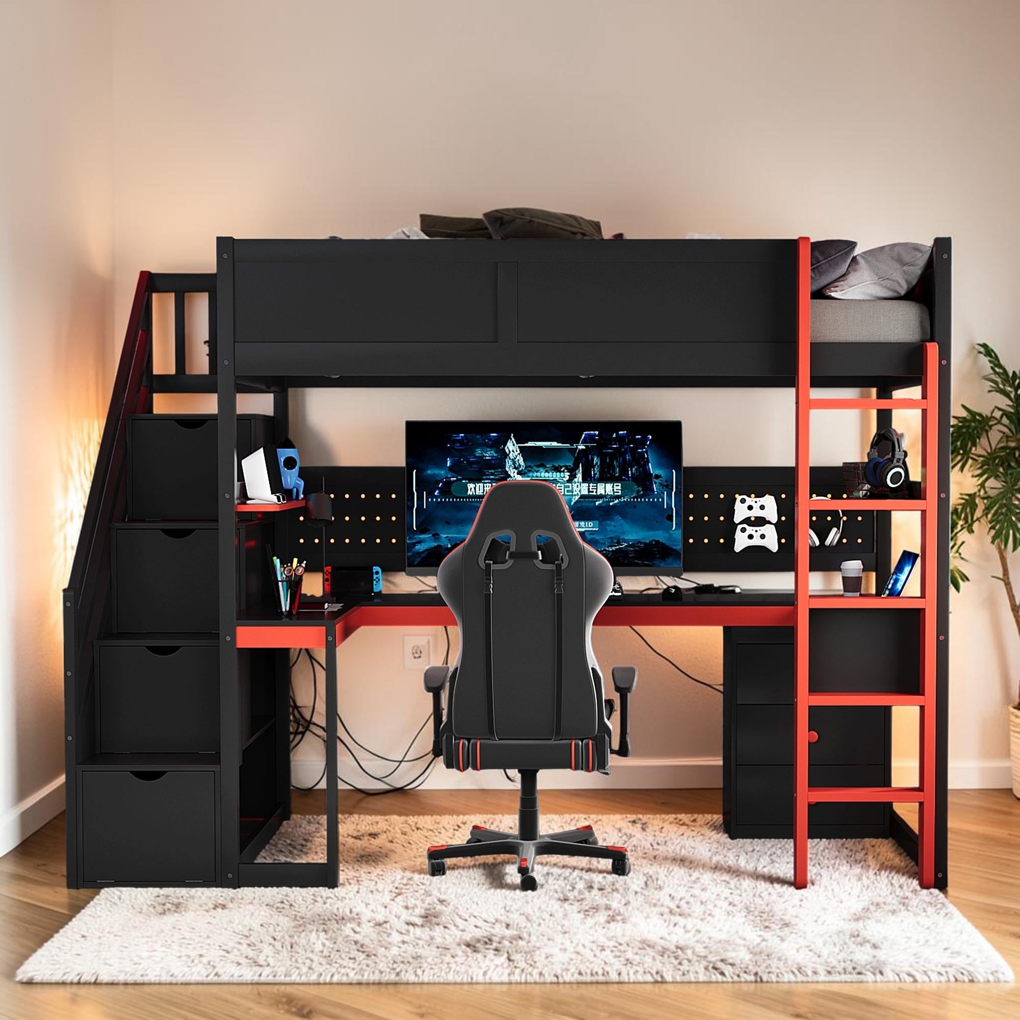 Wood Gaming Loft Bed With Storage Stairs Desk And Shelves Kids Loft Bed With Pegboard Organizer