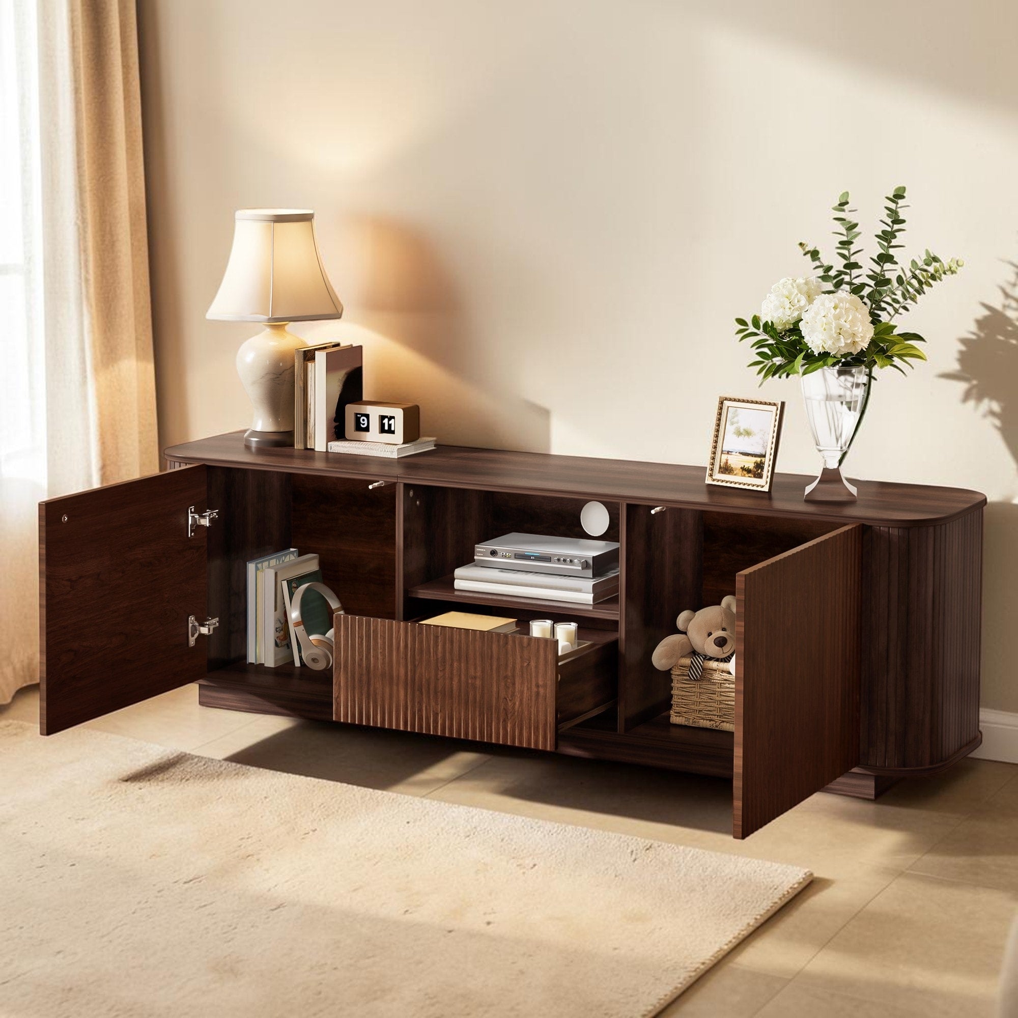 Wood Grain Entertainment Console With Ample Storage For 80 Inch Tvs Modern Tv Cabinet