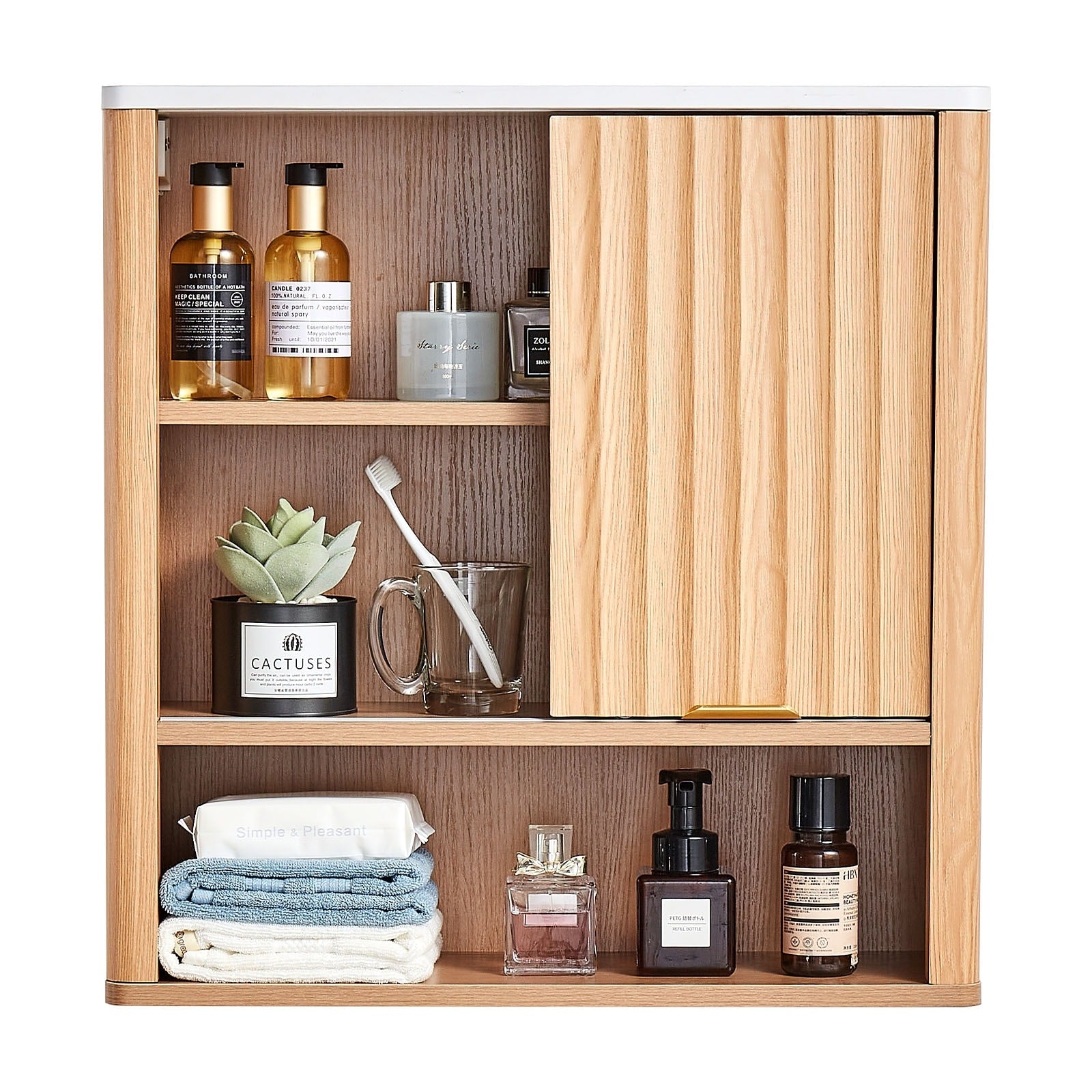 Wood Grain Wall Mounted Bathroom Cabinet With Sliding Fluted Door 24H