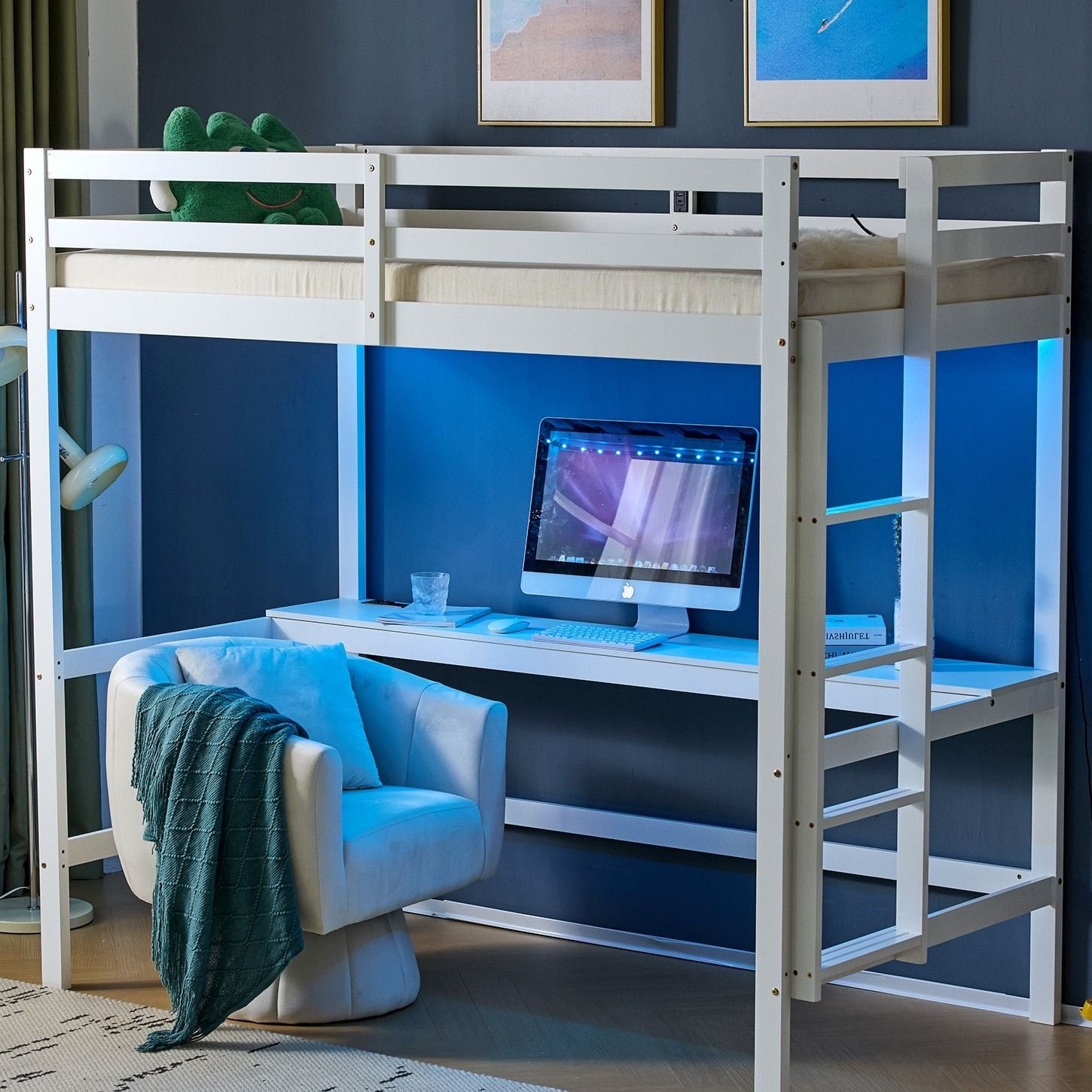Wood Loft Bed With Desk Twin Size With Rgb Led For Adults 2 Charging Station