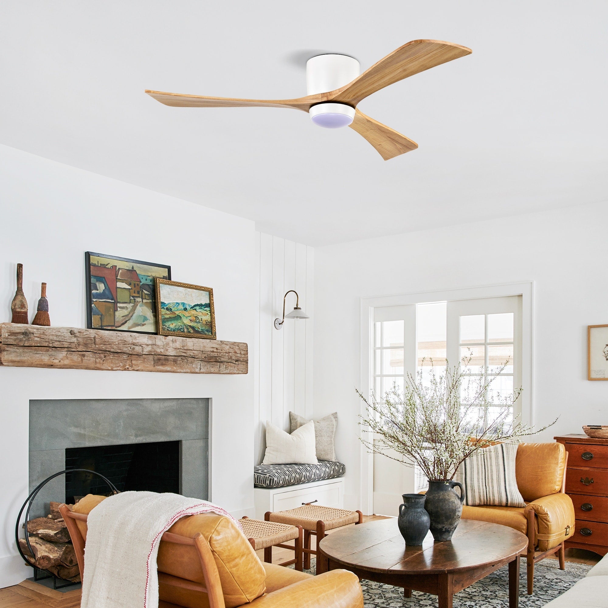 Wood Matte White Flush Mount Ceiling Fan With Dimmable Led Light Remote