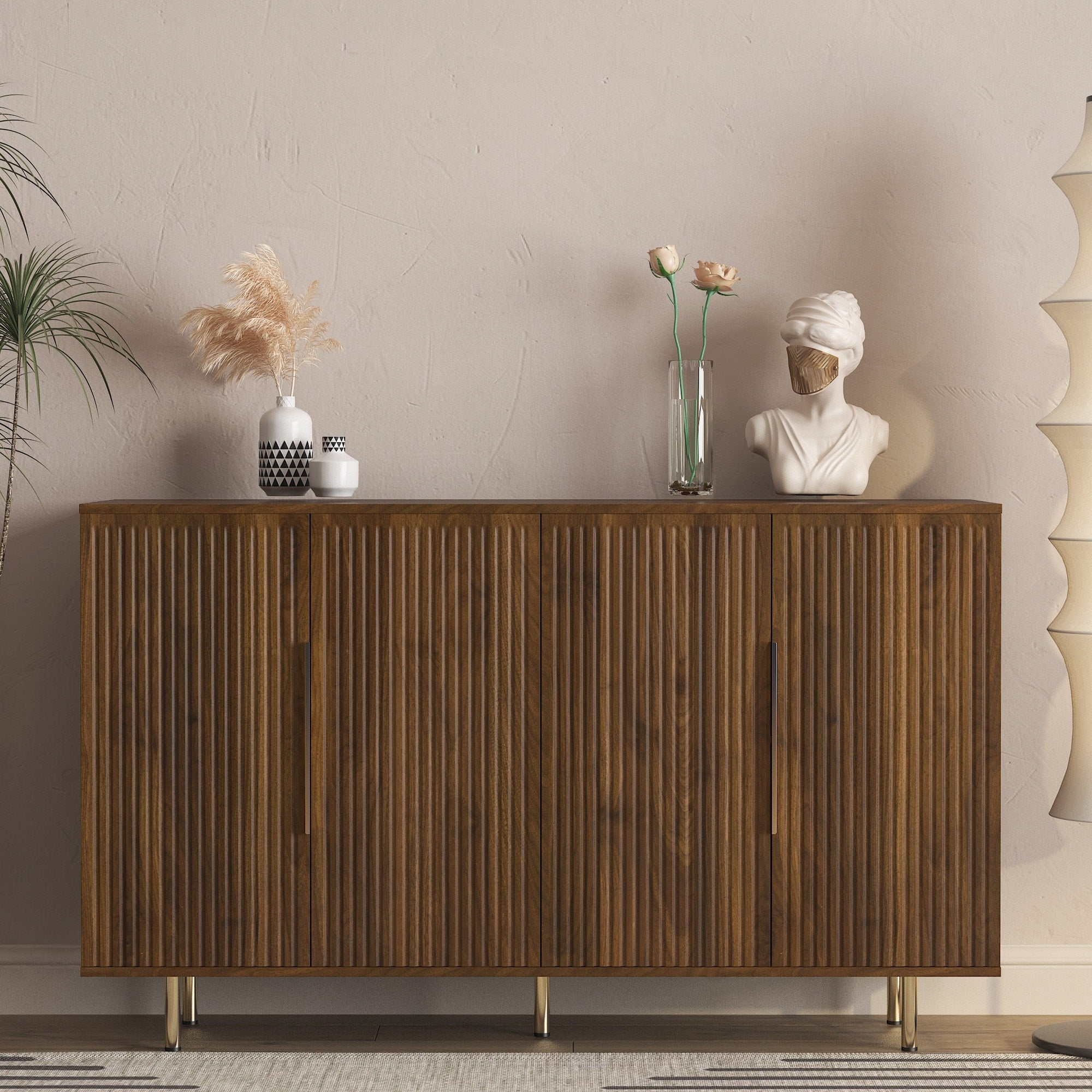 Wood Modern Buffet Cabinet With Storage Fluted Sideboard Large Buffet With Adjustable Shelves Accent Cabinet Console Table