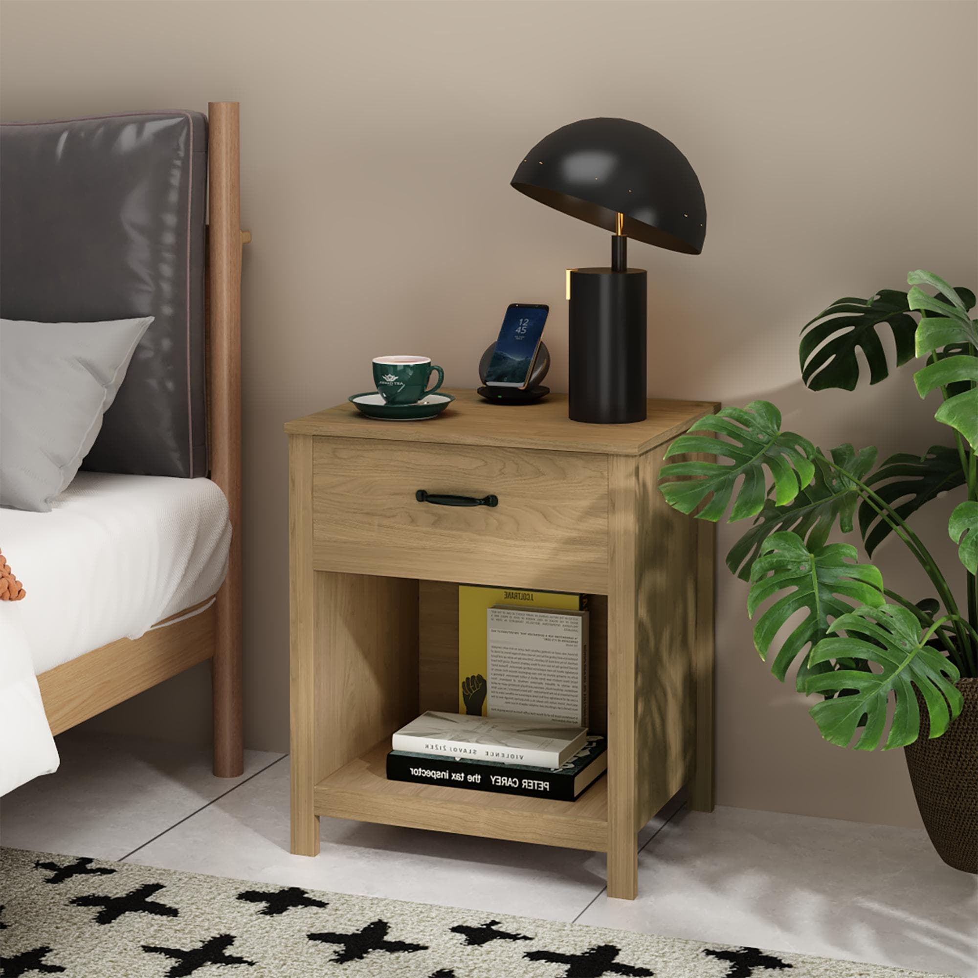 Wood Nightstand With Drawer And Open Shelf Modern Bedside Table With Storage Wooden End Table For Bedroom