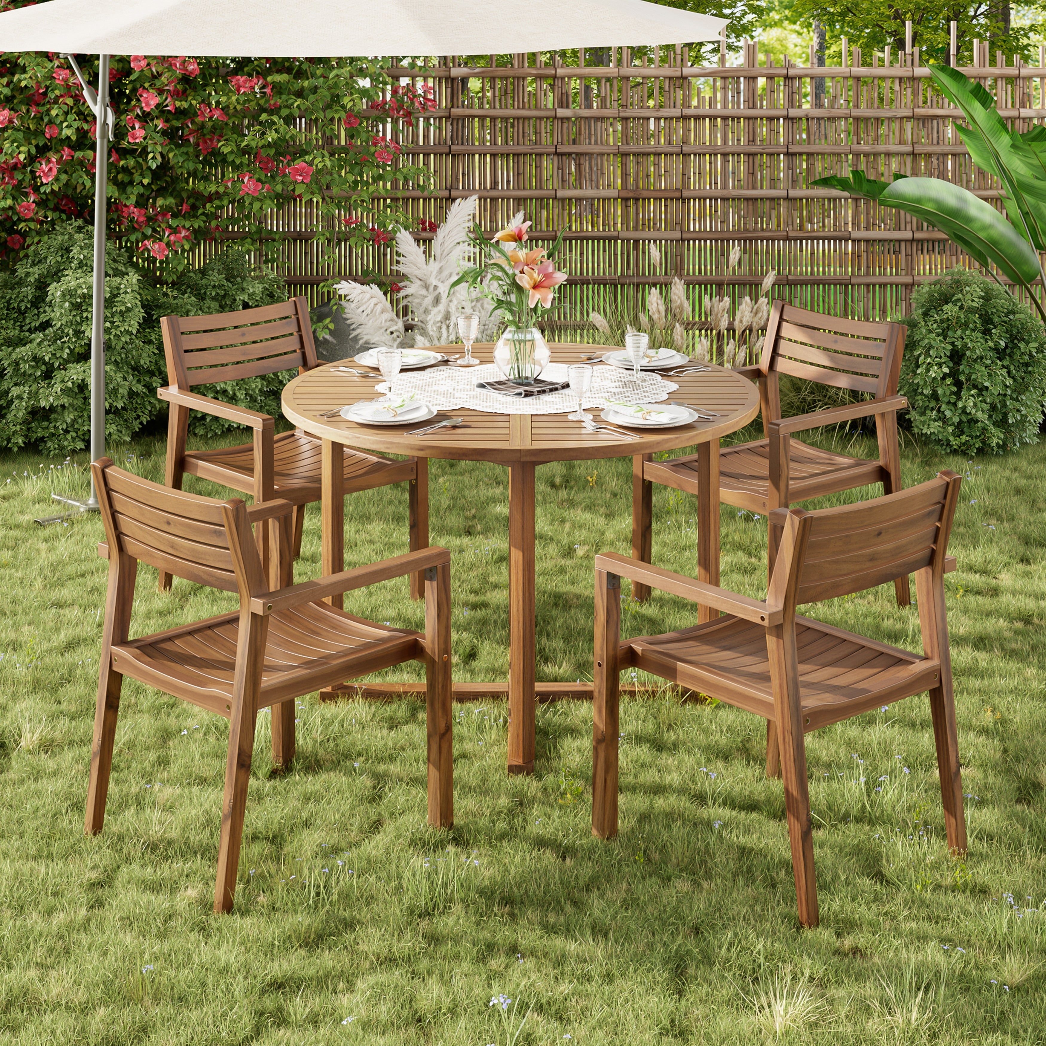 Wood Outdoor Dining Set With With 47.2 Round Dining Table 4 Ergonomic Chairs Patio Table Chairs Set