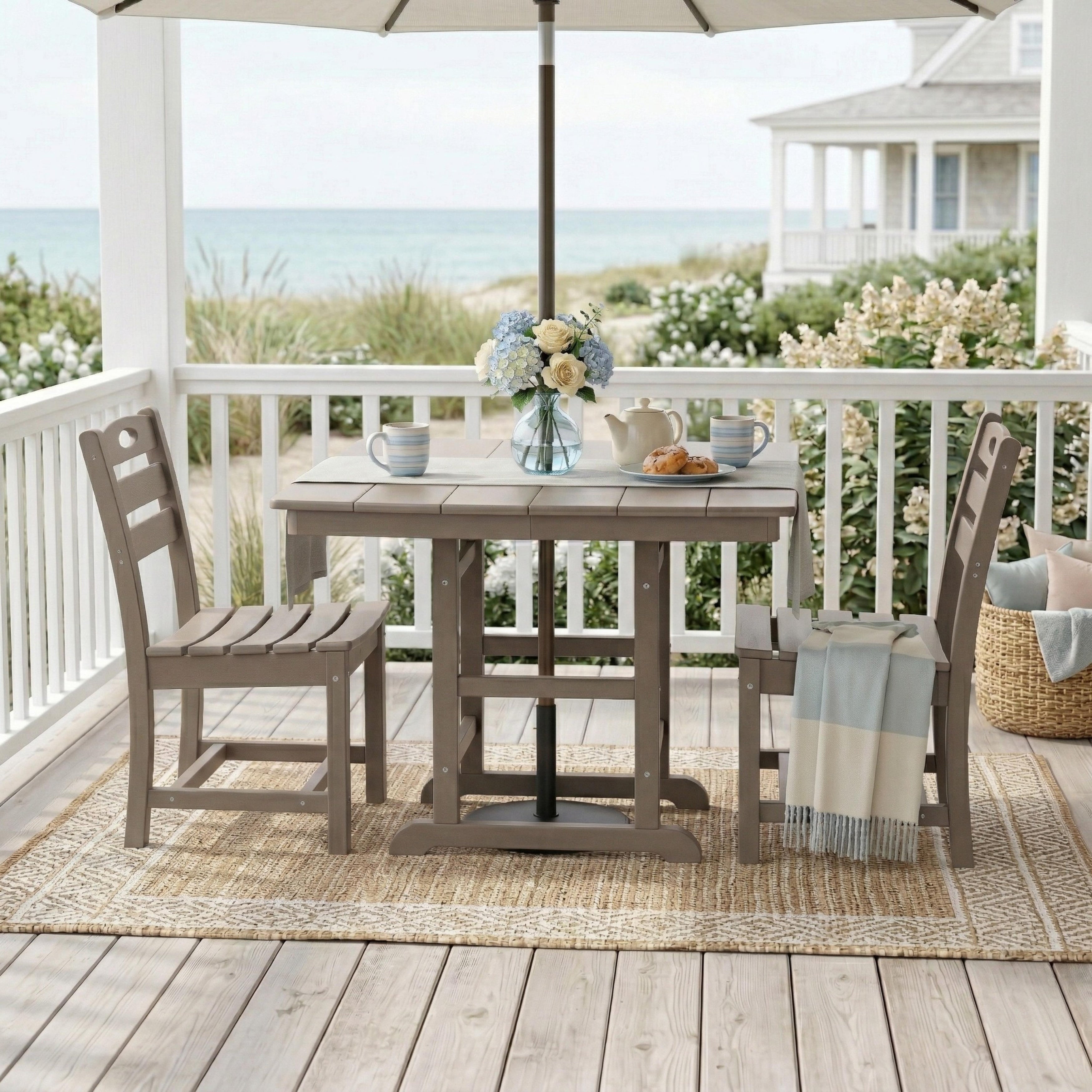 Wood Outdoor Patio Dining Set 37.8 In.Square Table With 2 Chairs All Weather 3 Piece Bistro Set