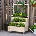 Wood Planter Trellis Movable Wheels Storage Space 2 Drainage Holes