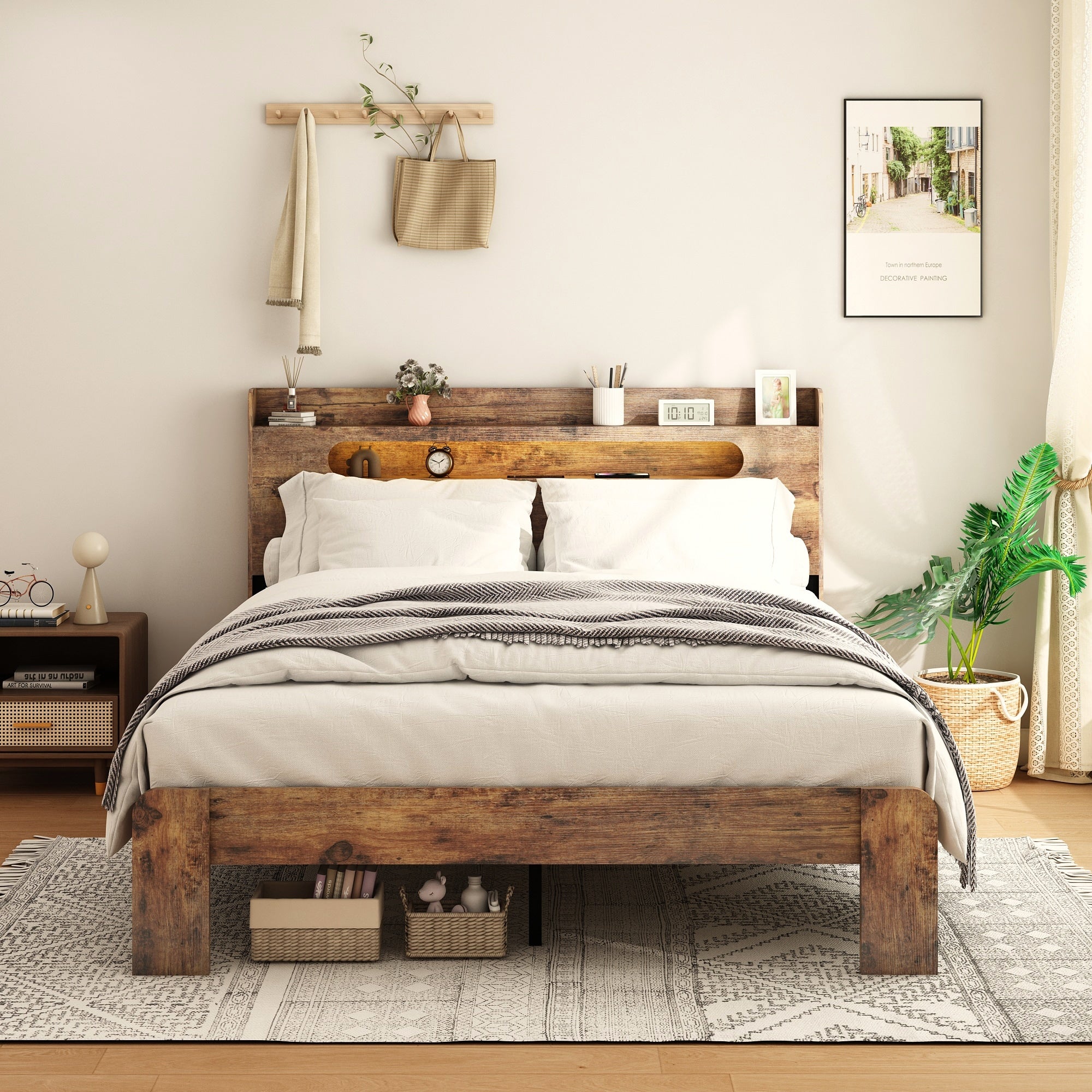 Wood Platform Bed Frame With Storage Led Light Headboard And 2 Usb King Full Queen Size Bed
