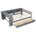 Wood Platform Bed Twin Full Cream Gray Linen Headboard 2 Drawers Charging Station