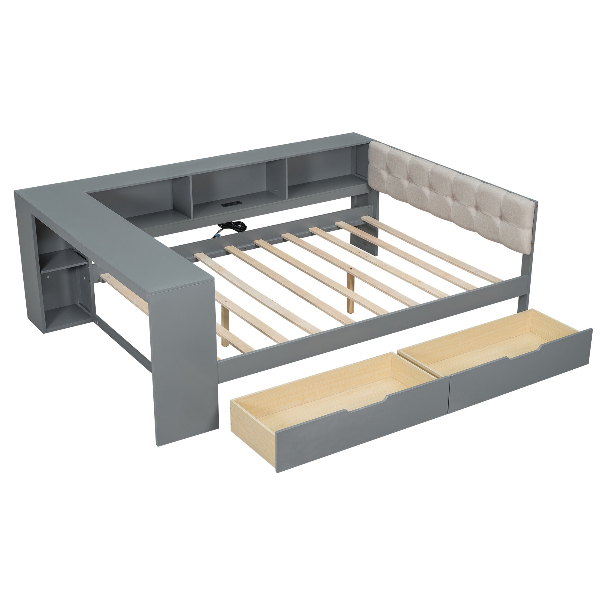 Wood Platform Bed Twin Full Cream Gray Linen Headboard 2 Drawers Charging Station