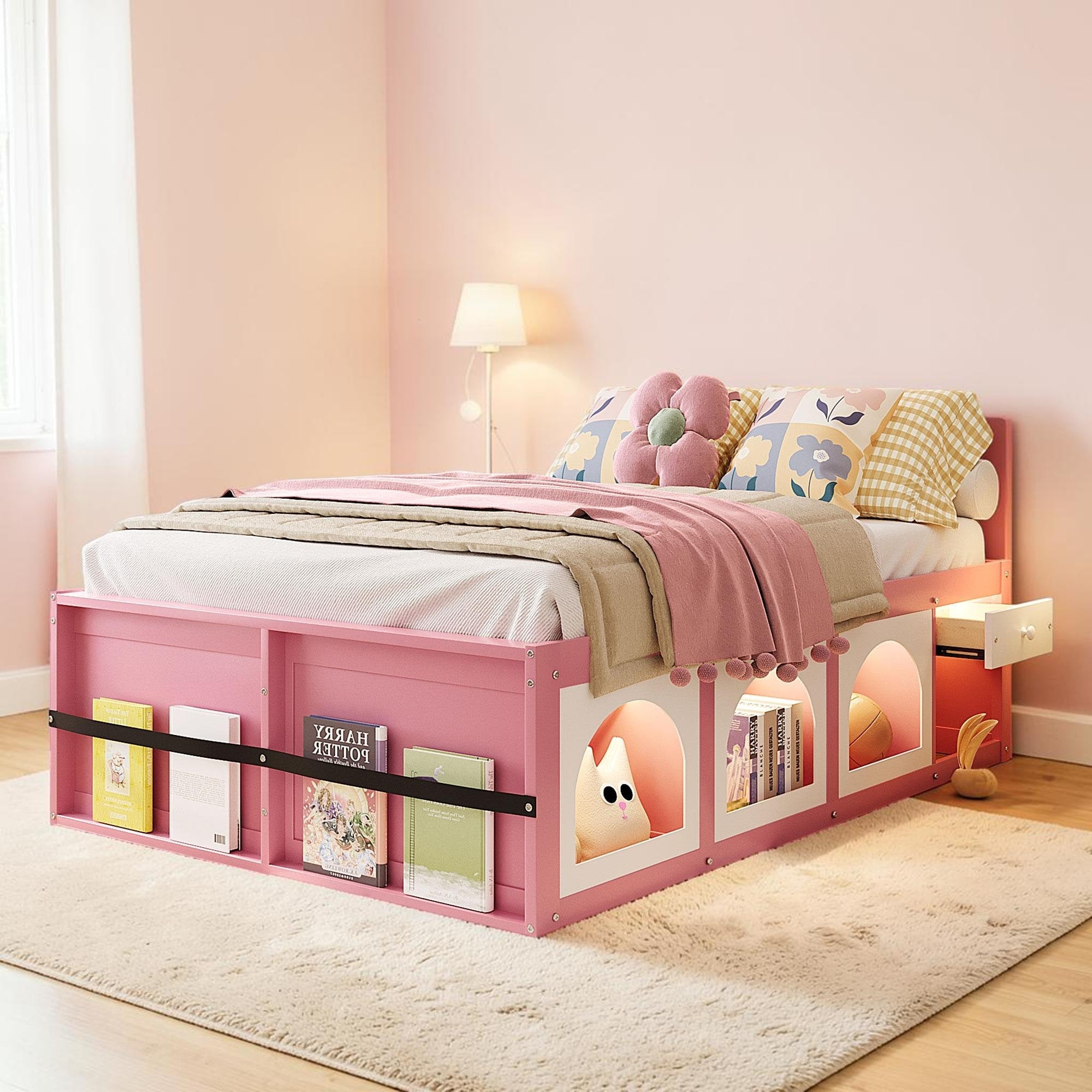 Wood Platform Bed With Storage Drawers Bookshelf And Led Light Modern Bed Frame With Display Cabinet
