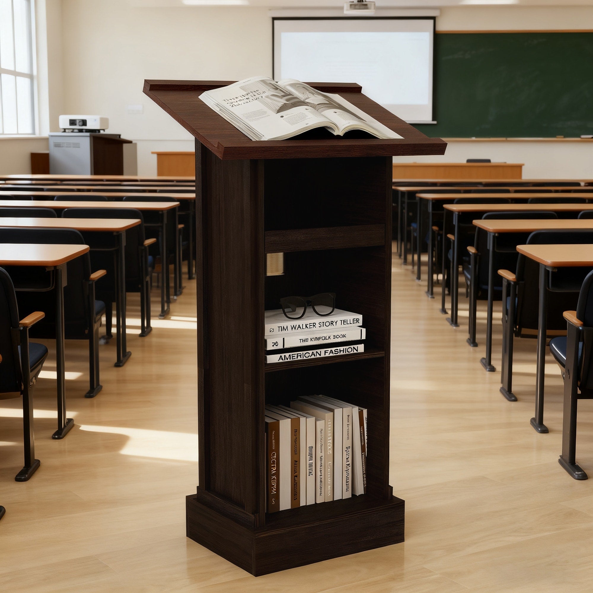Wood Podium Stand 44 Tall Wooden Lectern With Mic Stand Space 1 Sliding Shelf With Cup Holder And 1 Fixed Shelf