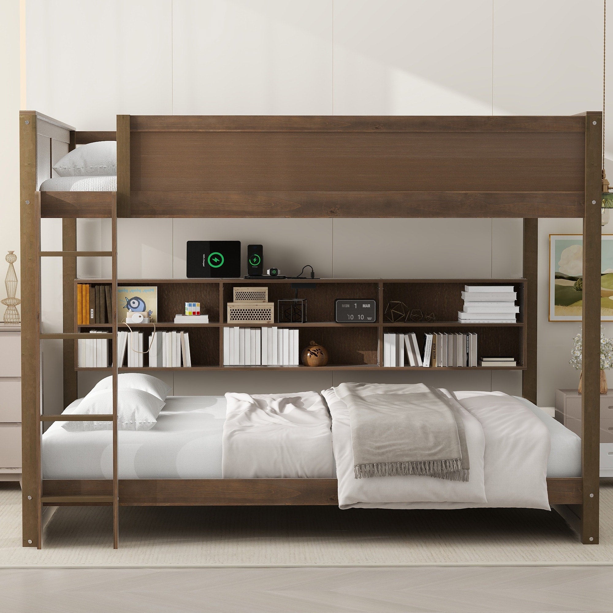 Wood Queen Bunk Bed With Storage Cabinets And Usb Ports