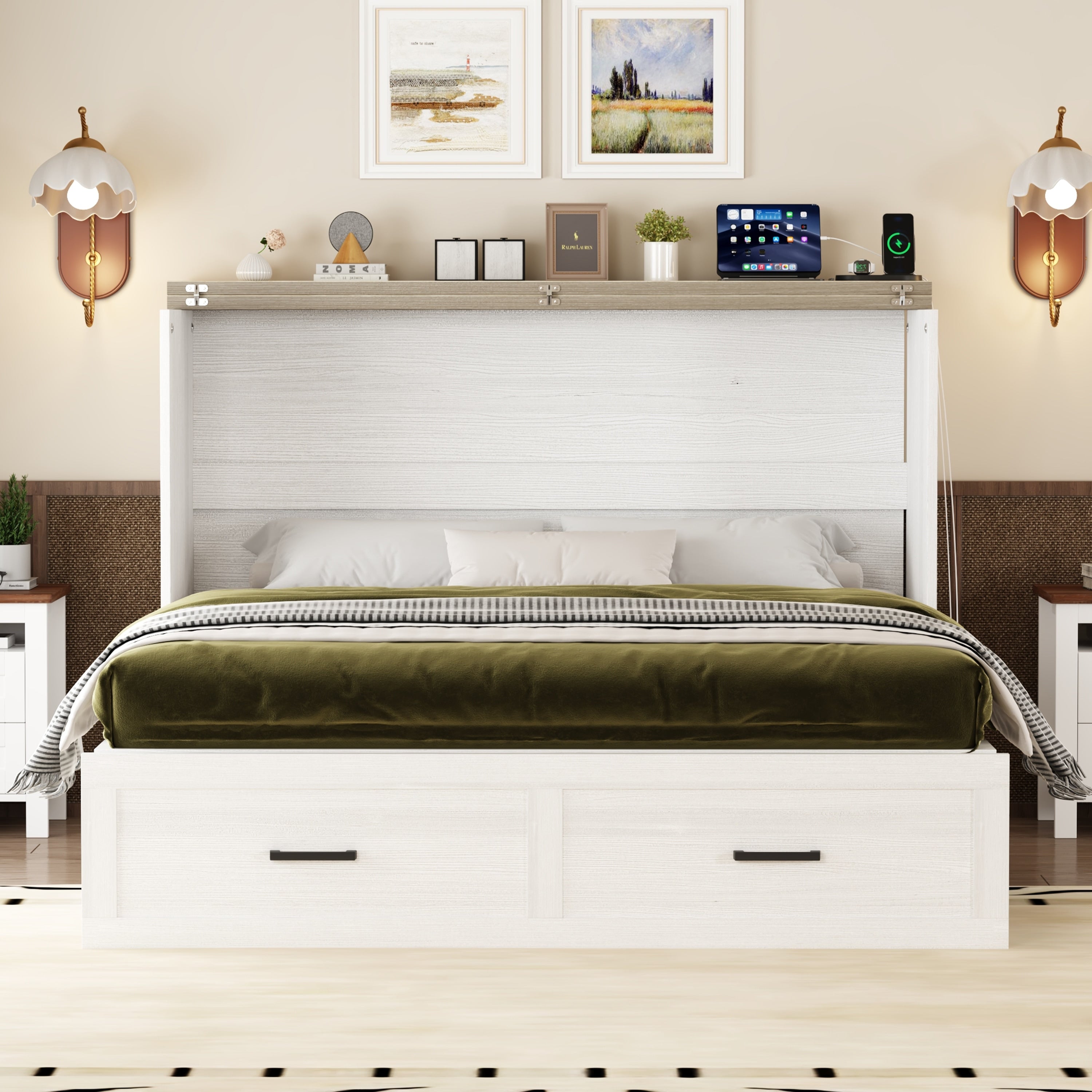Wood Queen Full Size Farmhouse Murphy Cabinet Bed With Charging Station