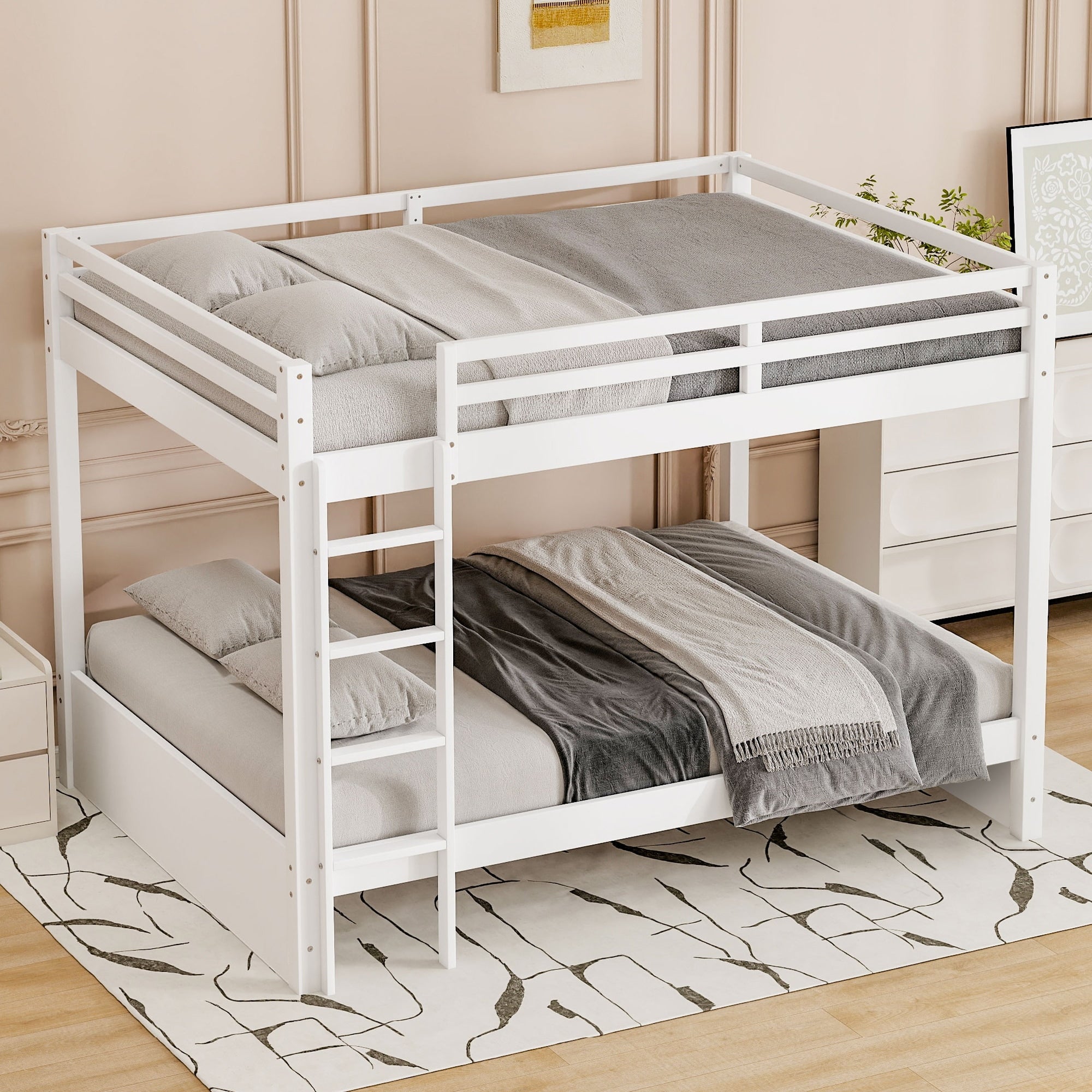 Wood Queen Size Bunk Bed With Ladder And Guardrails No Box Spring Required