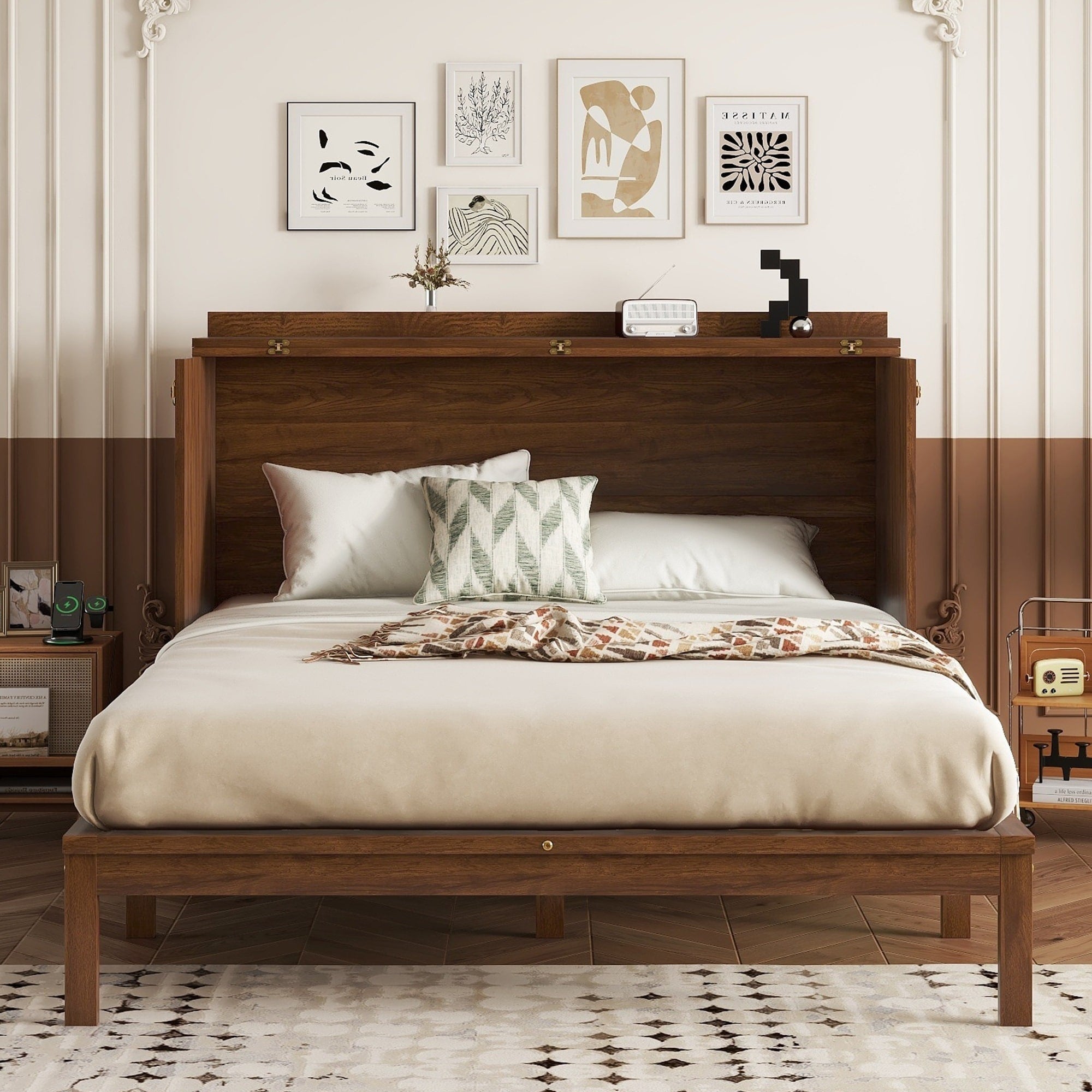 Wood Queen Size Murphy Bed With Power Station And Rattan Decoration Panel