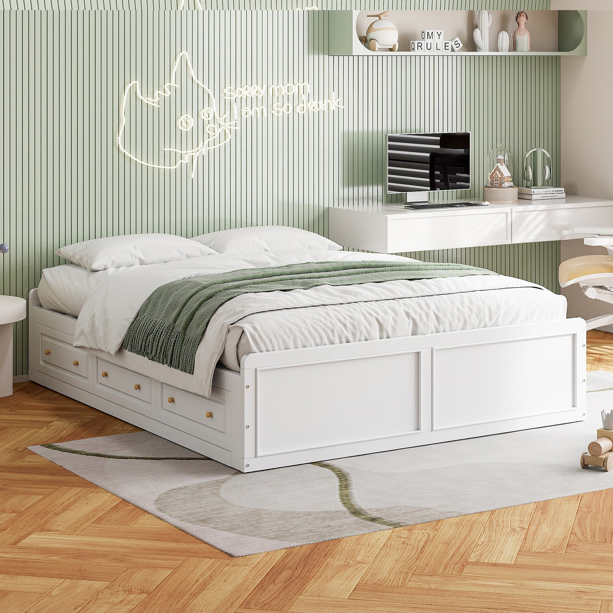 Wood Queen Size Platform Bed Frame With 6 Storage Drawers Sturdy And Space Saving Design