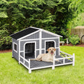 Wood Raised Pet Dog House Outdoor Weatherproof Rustic Log Cabin Style