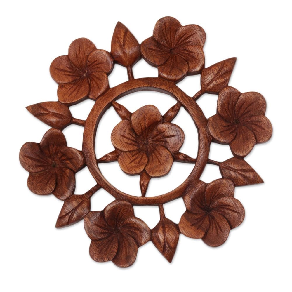 Handmade Wood Relief Panel Frangipani Garden Indonesia Brown