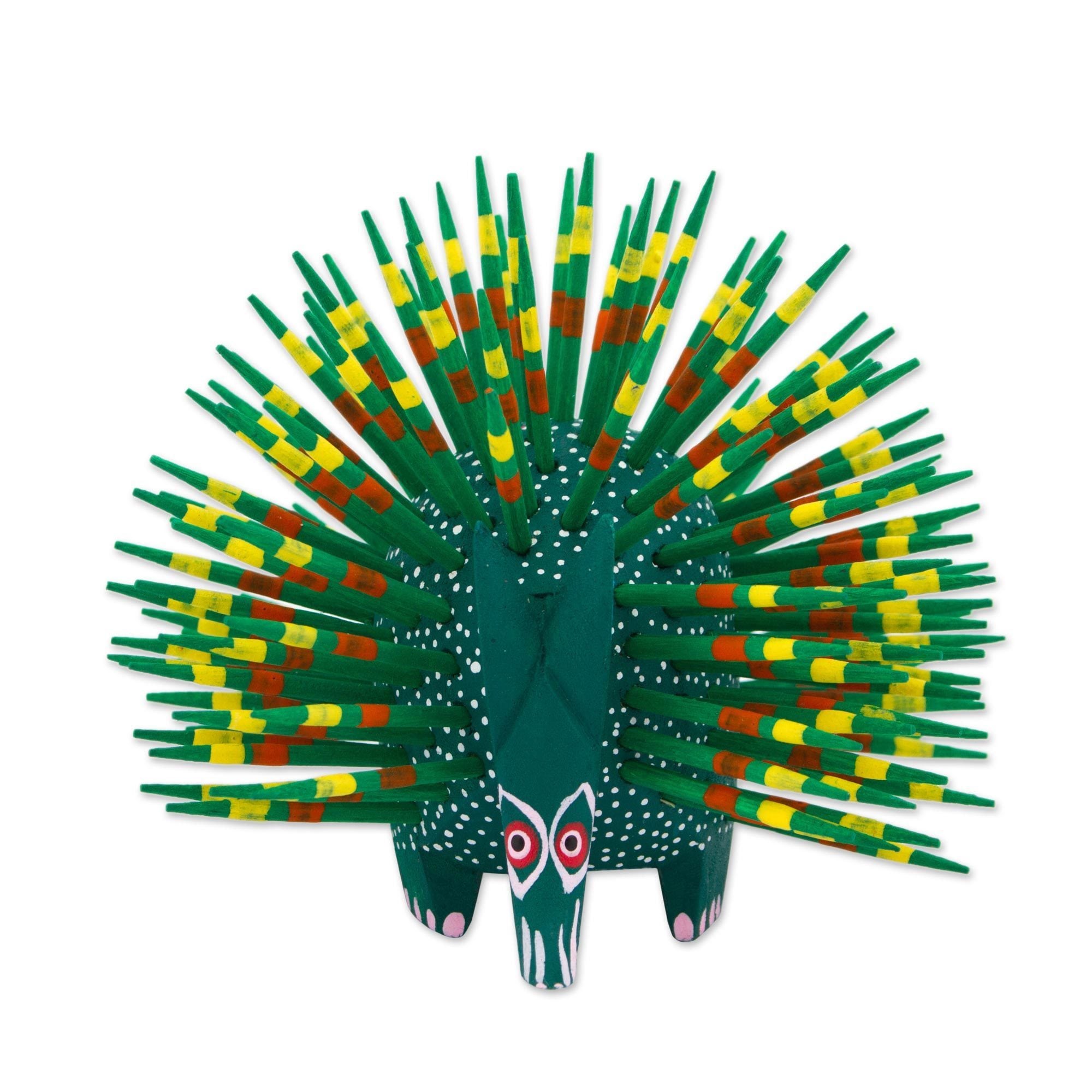 Handmade Wood Sculpture Cute Porcupine In Green Mexico