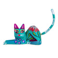 Wood Sculpture Excited Cat In Teal Mexico