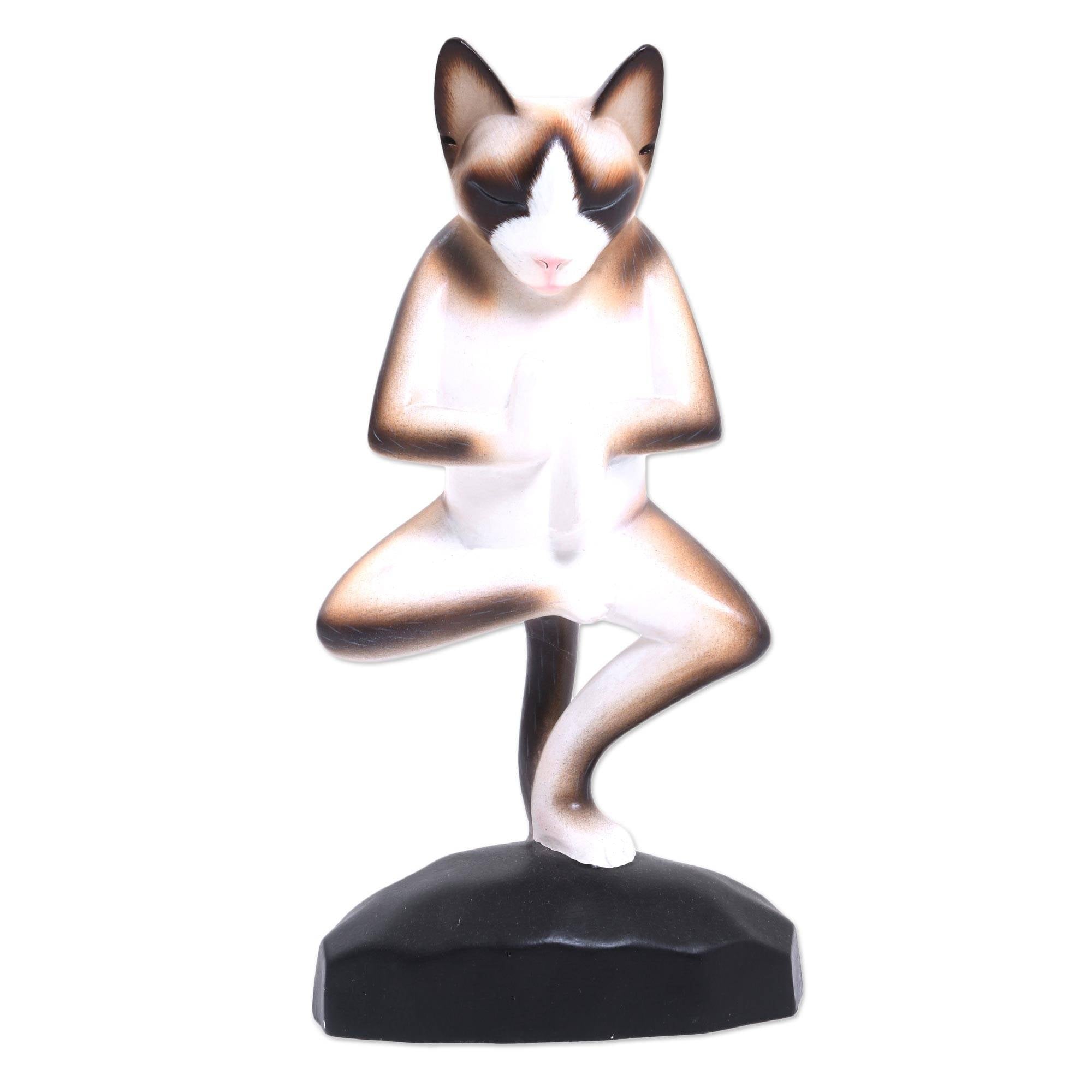 Wood Sculpture Vrkasana Yoga Cat Indonesia