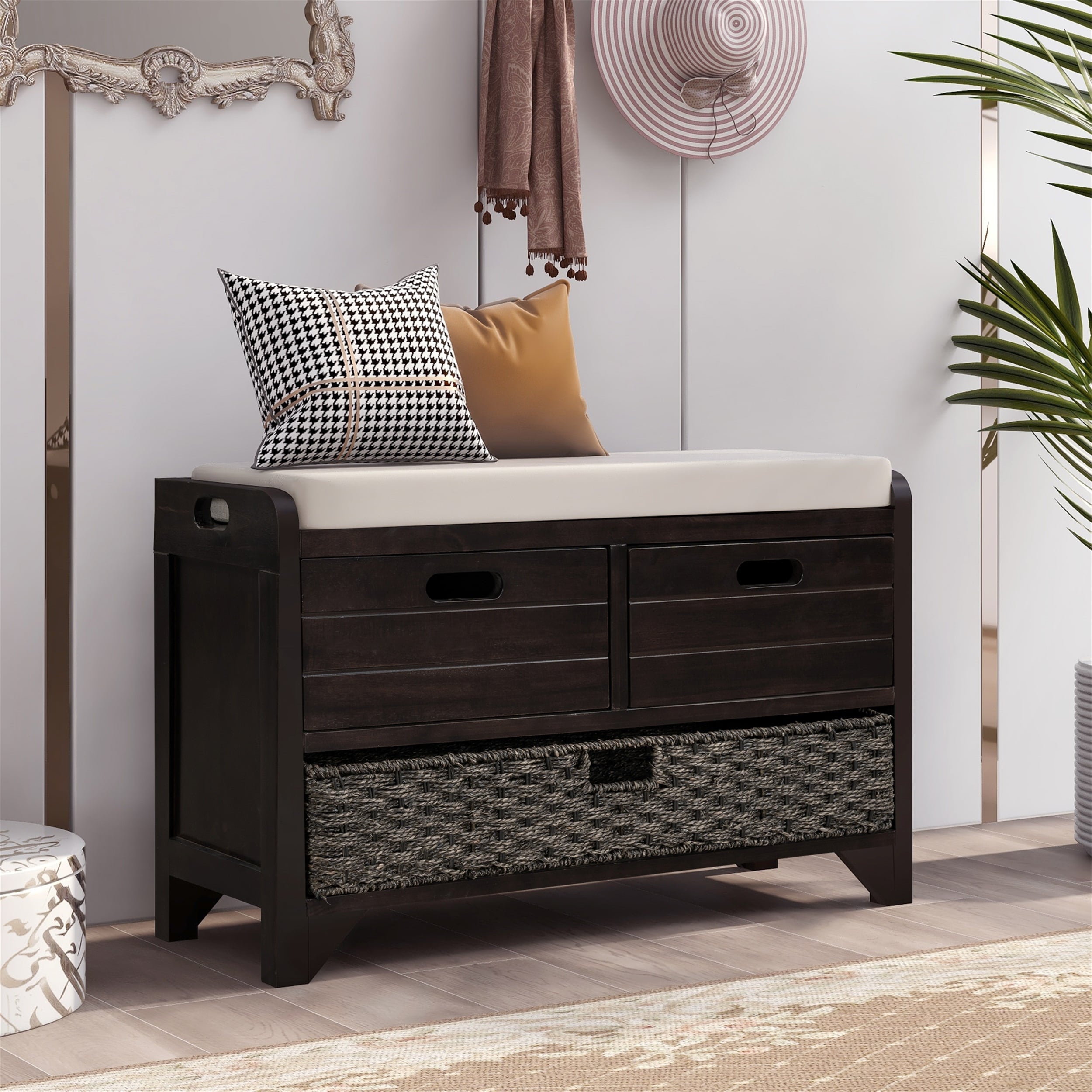 Harper Bright Designs Wood Storage Bench With 2 Woven Baskets